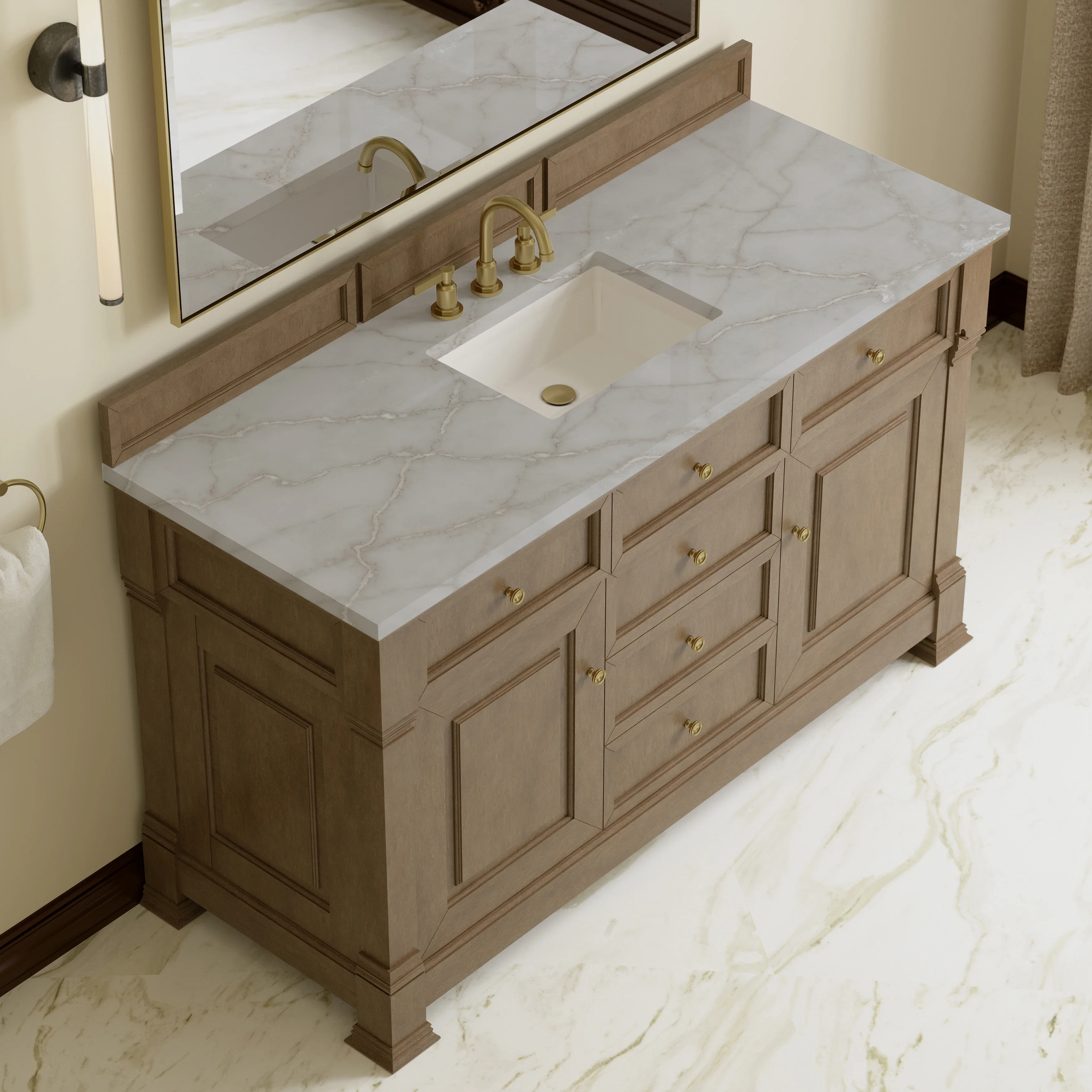 Brookfield 60" Single Vanity, Pecan w/ 3 CM Victorian Silver Silestone Top