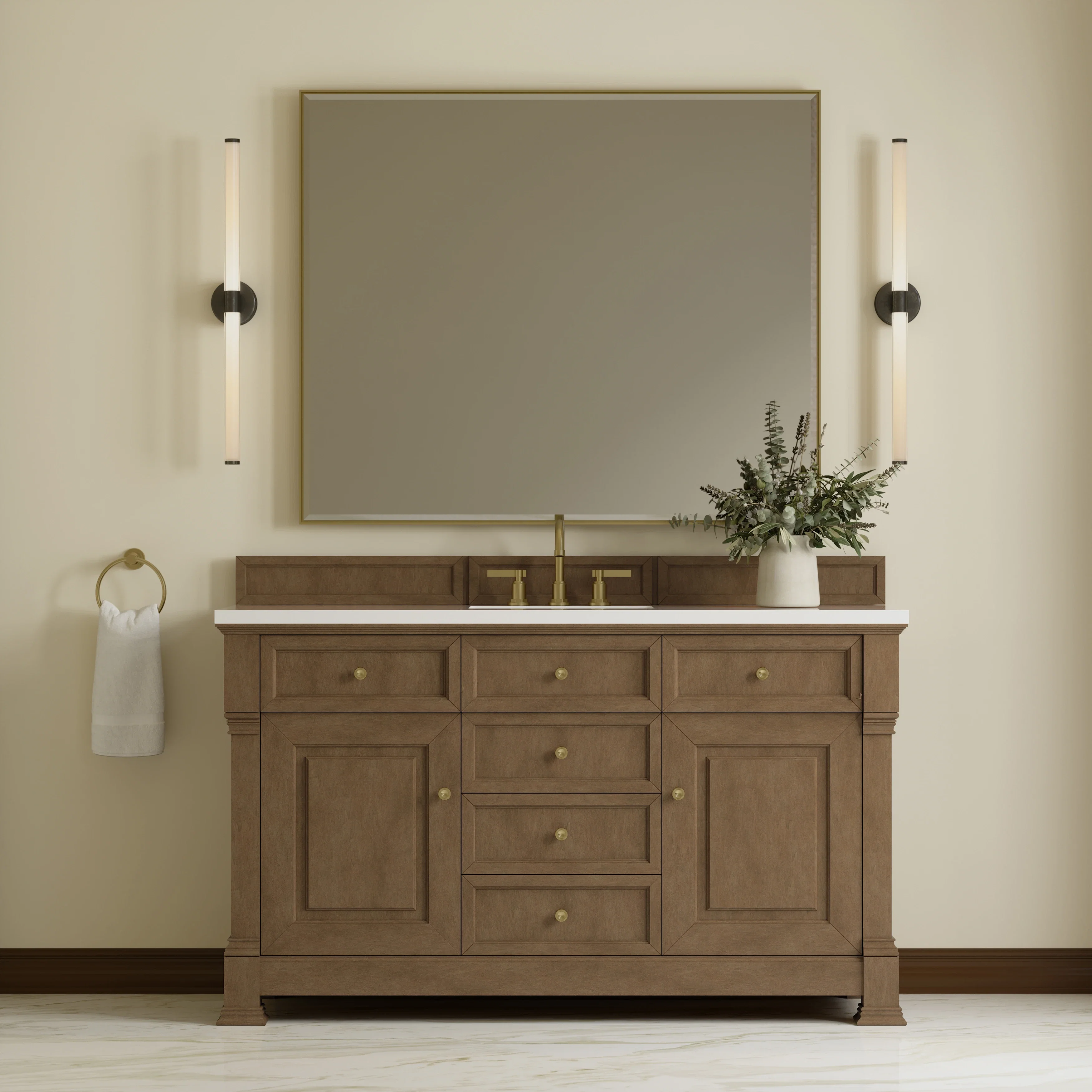 Brookfield 60" Single Vanity, Pecan, w/ 3 CM White Zeus Silestone  Top