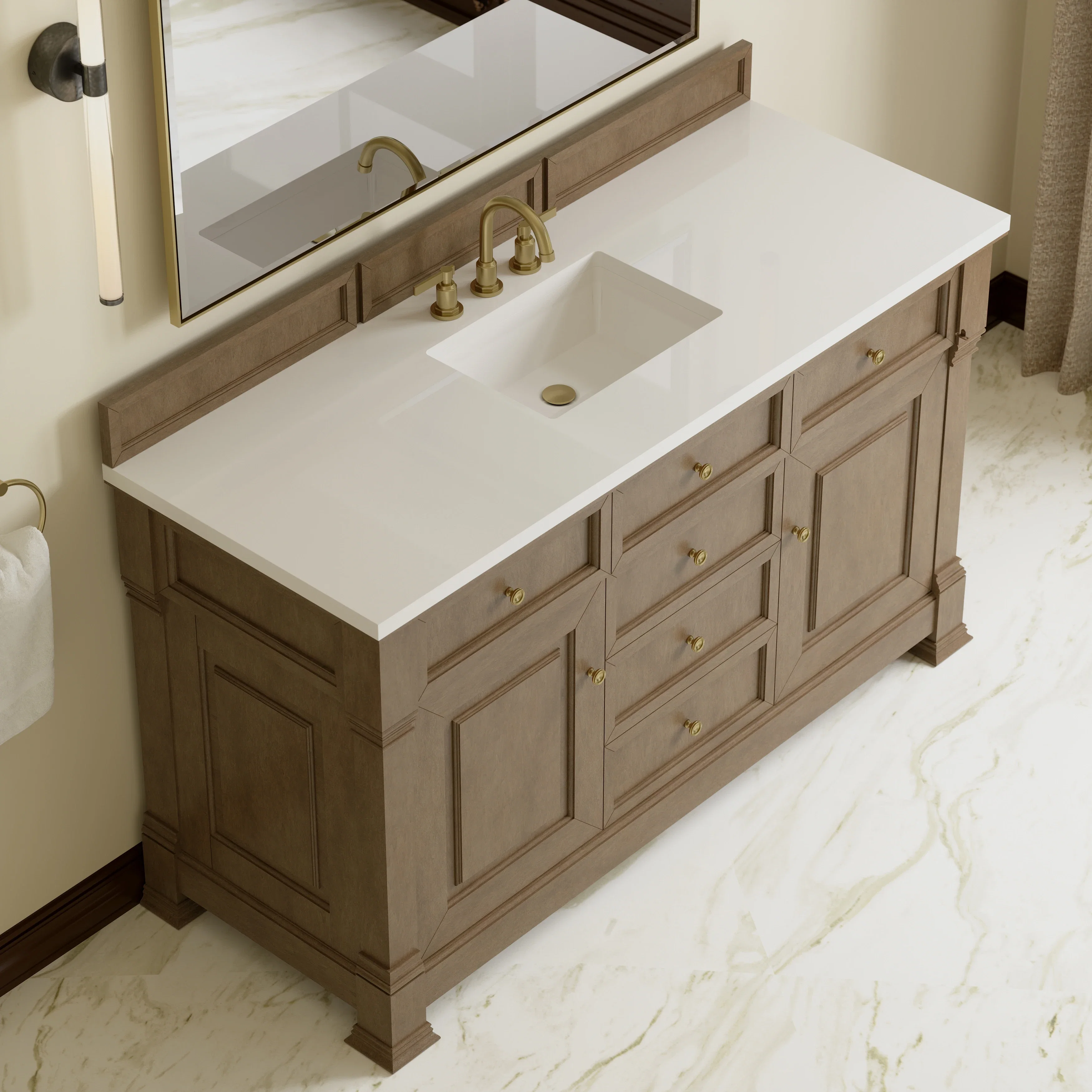 Brookfield 60" Single Vanity, Pecan, w/ 3 CM White Zeus Silestone  Top
