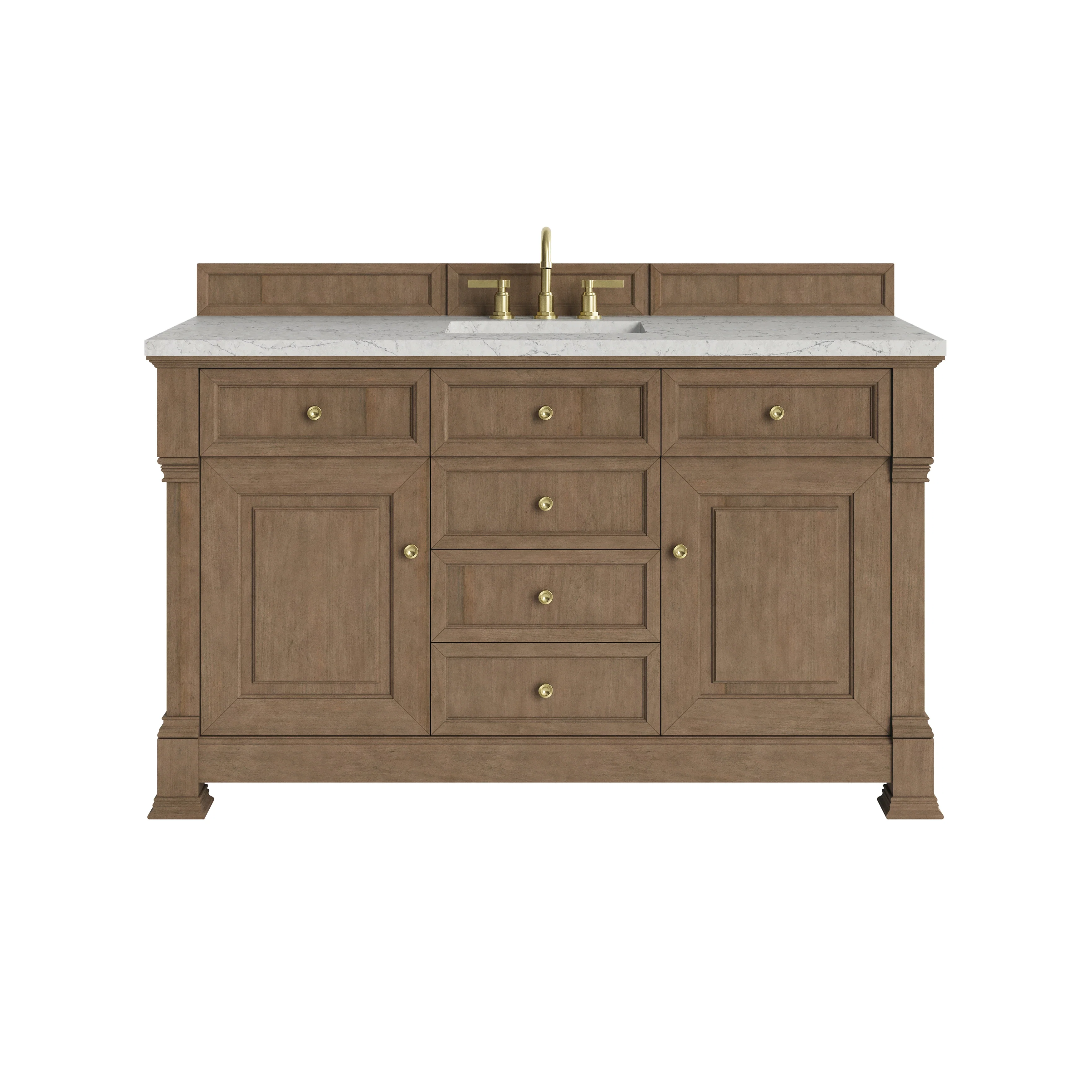 Brookfield 60" Single Vanity, Pecan w/ 3 CM Eternal Jasmine Pearl Silestone Top w/ FreePower Wireless Charger