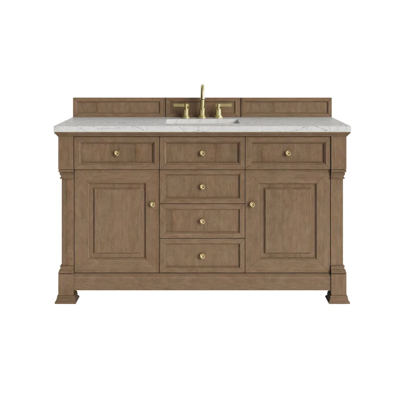 Brookfield 60" Single Vanity, Pecan w/ 3 CM Eternal Jasmine Pearl Silestone Top w/ FreePower Wireless Charger
