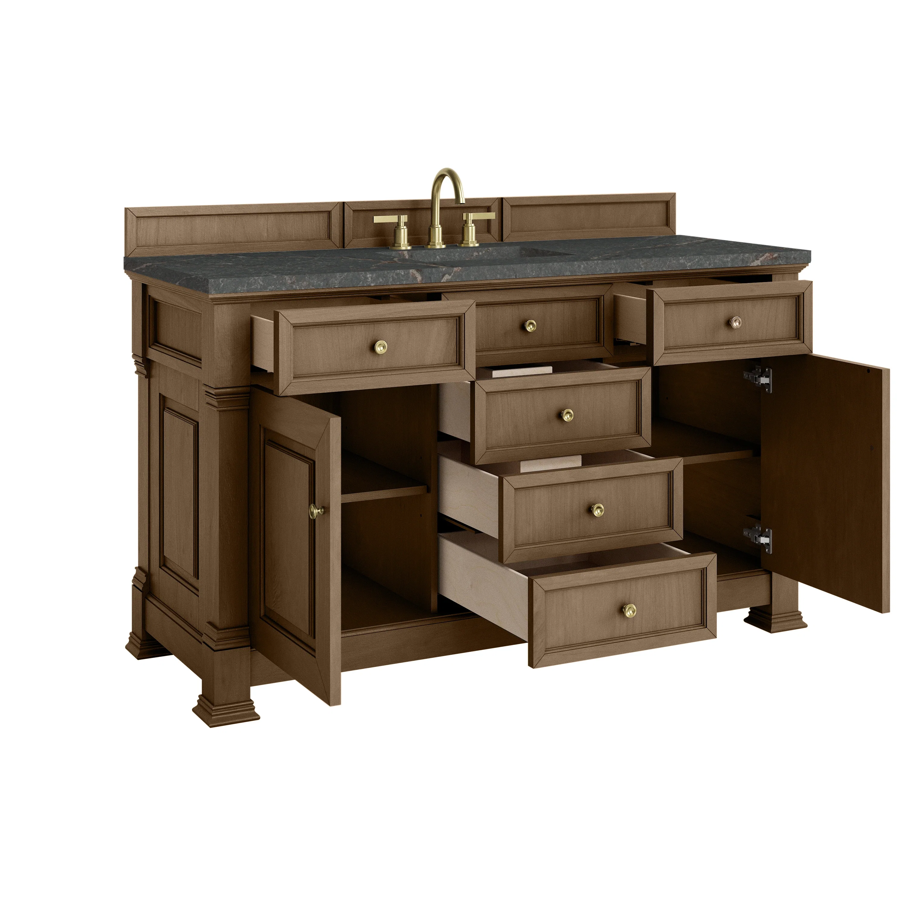 Brookfield 60" Single Vanity, Pecan w/ 3 CM Parisien Bleu Silestone Top w/ FreePower Wireless Charger