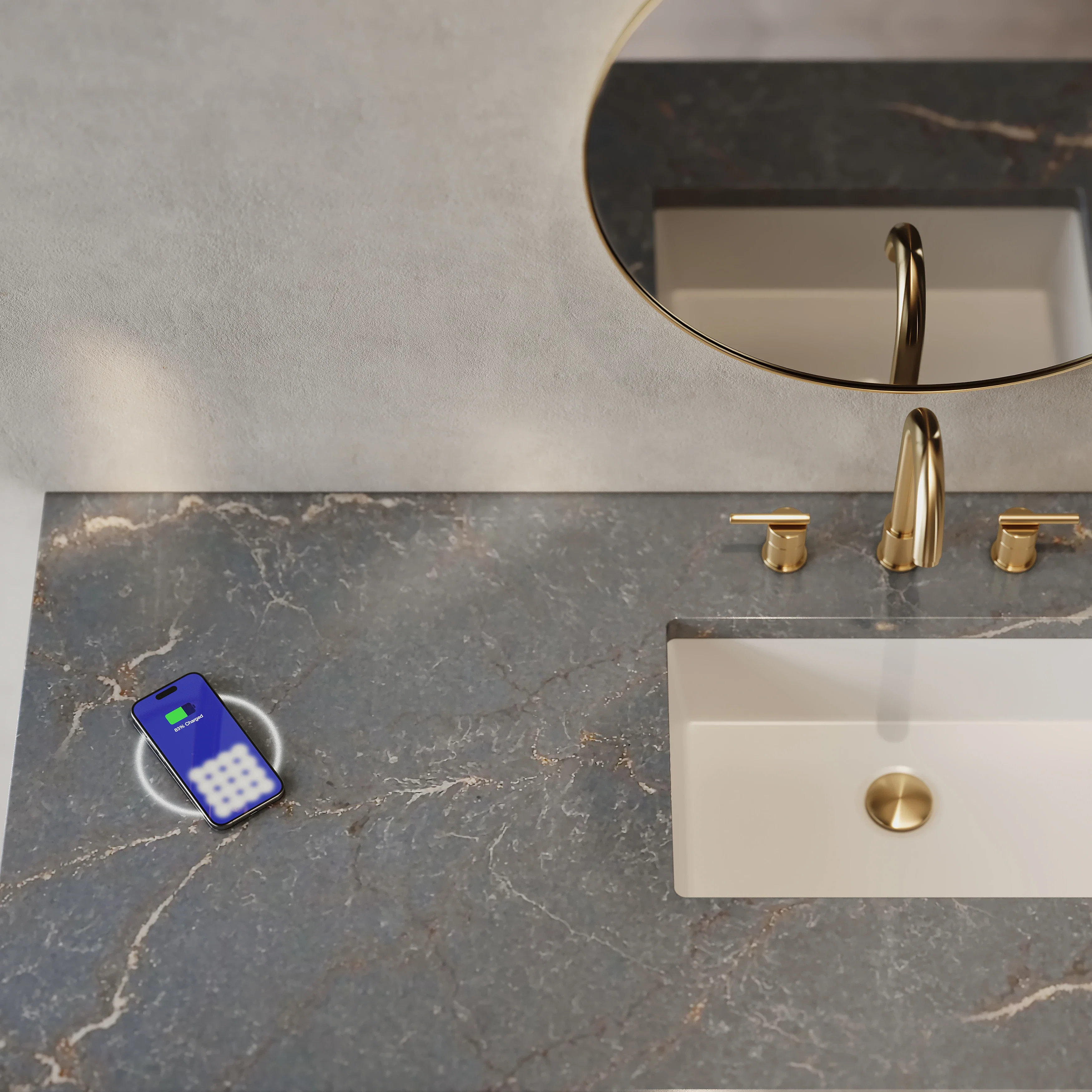 Brookfield 60" Single Vanity, Pecan w/ 3 CM Parisien Bleu Silestone Top w/ FreePower Wireless Charger