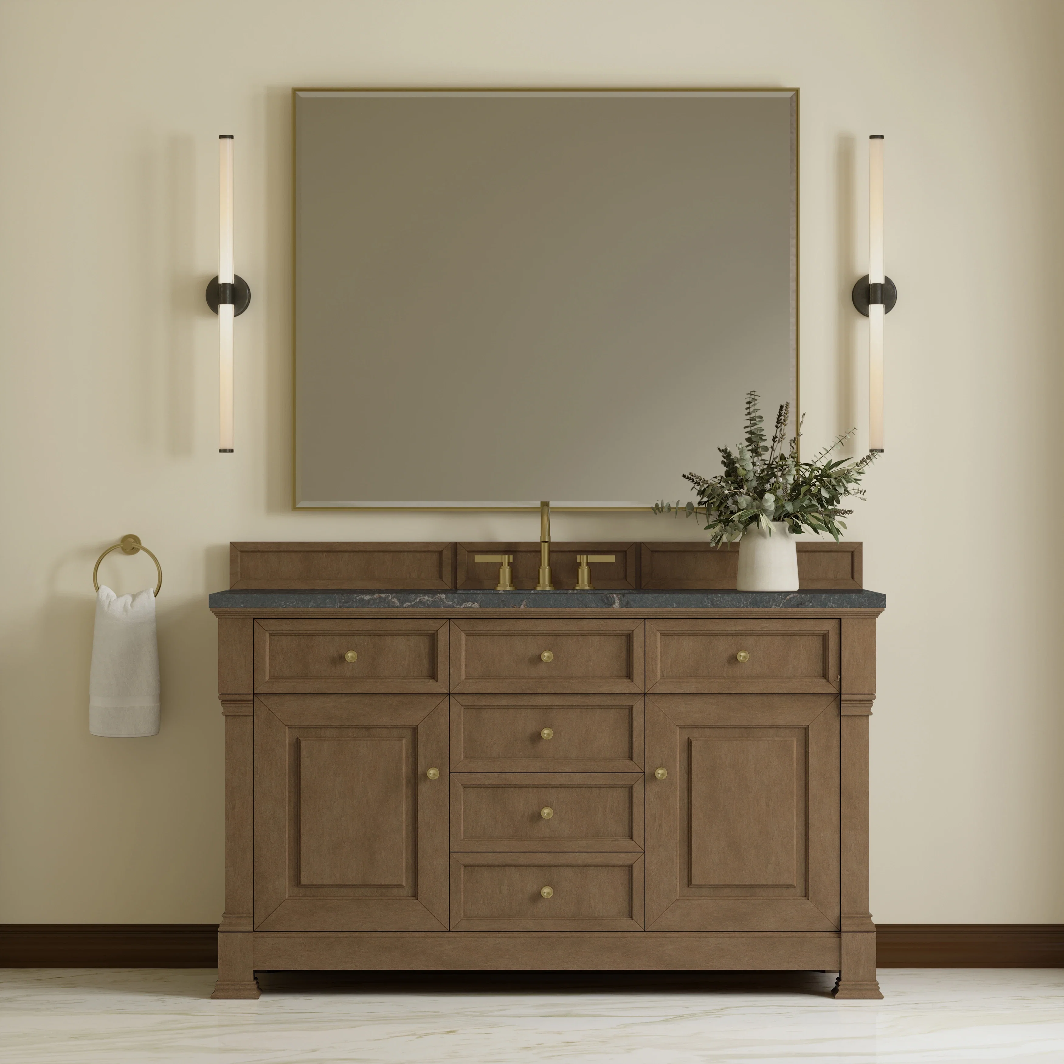 Brookfield 60" Single Vanity, Pecan w/ 3 CM Parisien Bleu Silestone Top w/ FreePower Wireless Charger