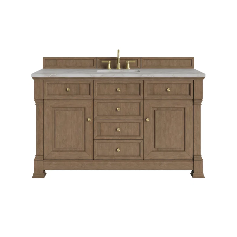 Brookfield 60" Single Vanity, Pecan w/ 3 CM Victorian Silver Silestone Top w/ FreePower Wireless Charger