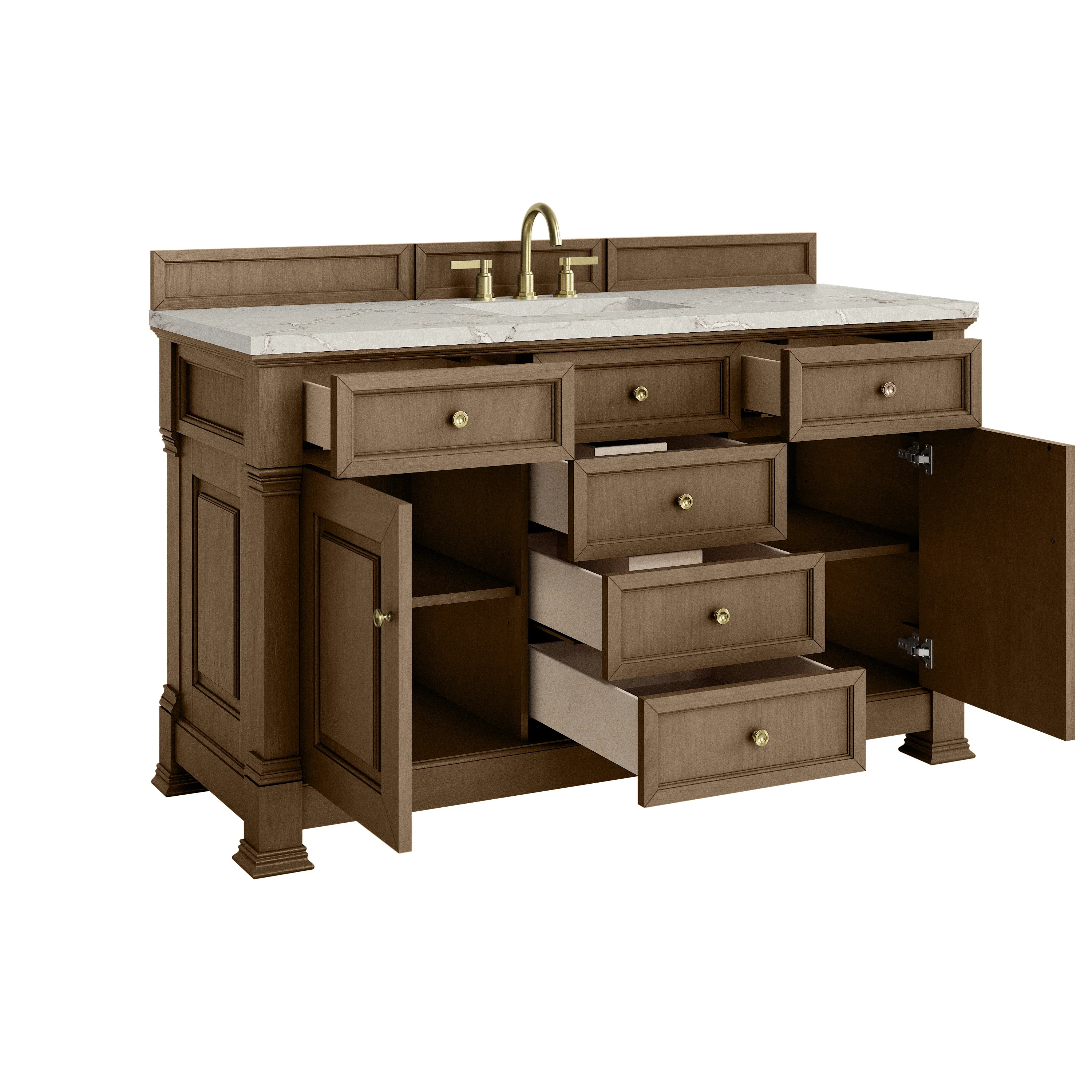 Brookfield 60" Single Vanity, Pecan w/ 3 CM Victorian Silver Silestone Top w/ FreePower Wireless Charger