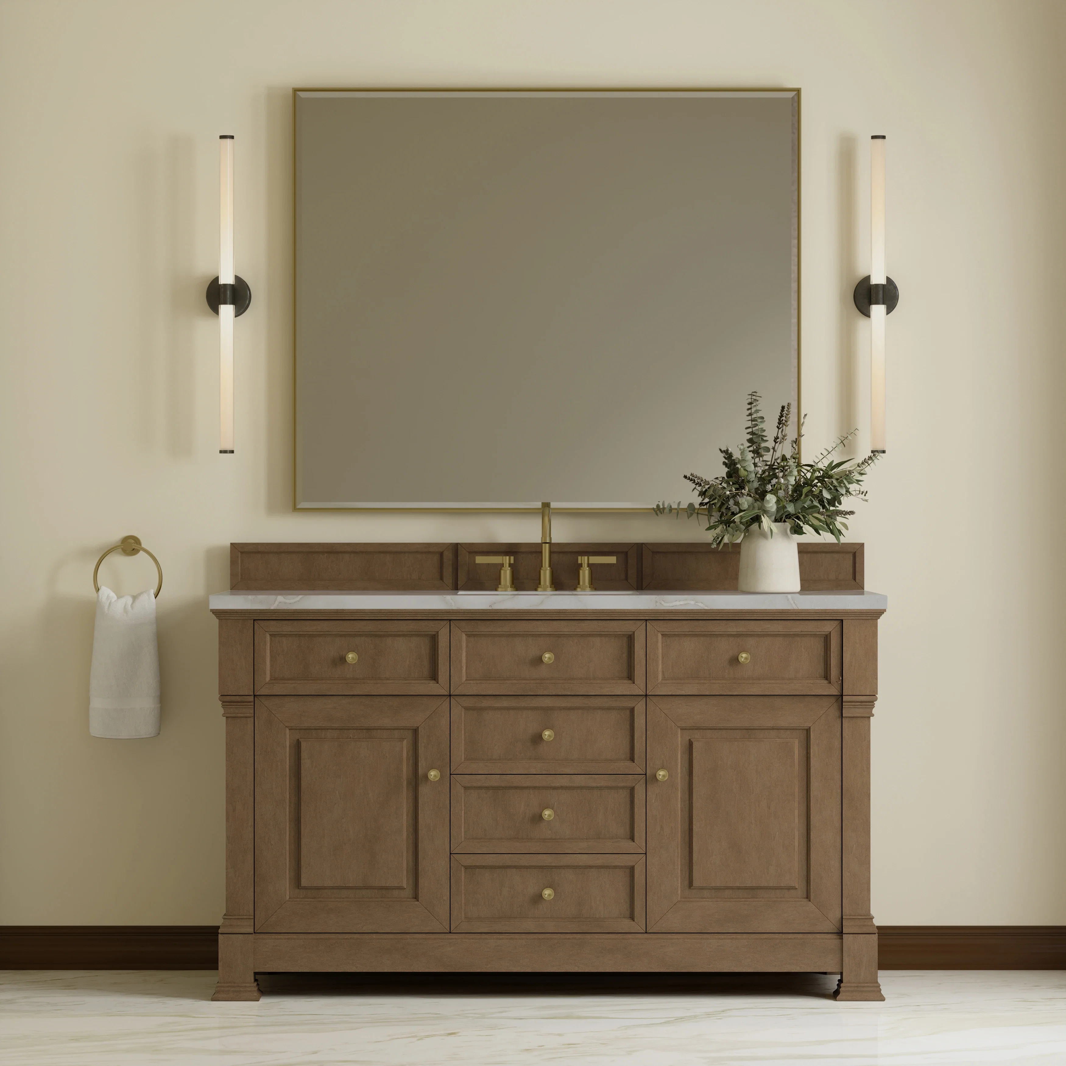 Brookfield 60" Single Vanity, Pecan w/ 3 CM Victorian Silver Silestone Top w/ FreePower Wireless Charger
