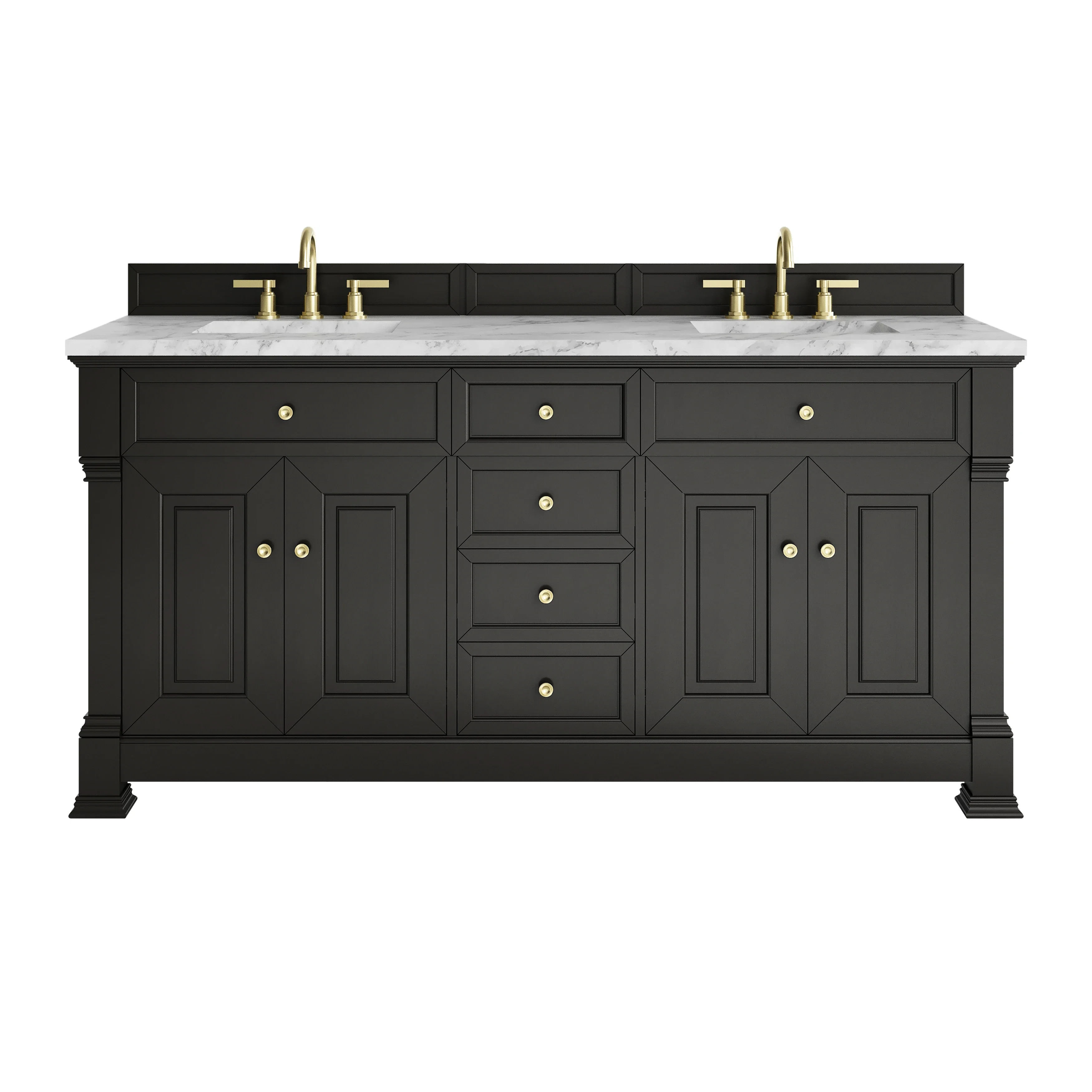Brookfield 72" Double Vanity, Black Onyx w/3 CM Carrara White Marble Top