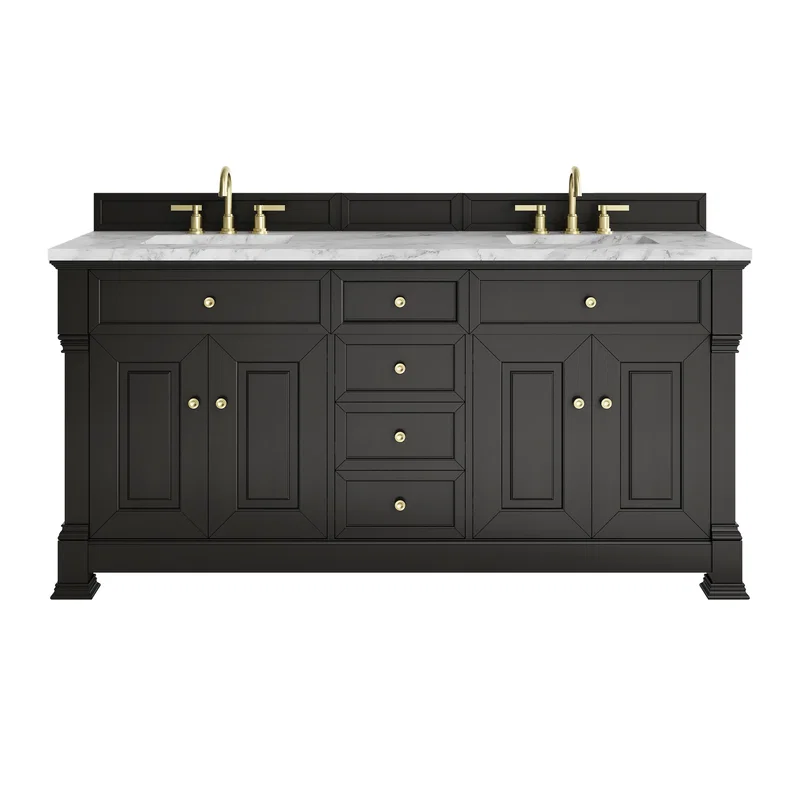 Brookfield 72" Double Vanity, Black Onyx w/3 CM Carrara White Marble Top