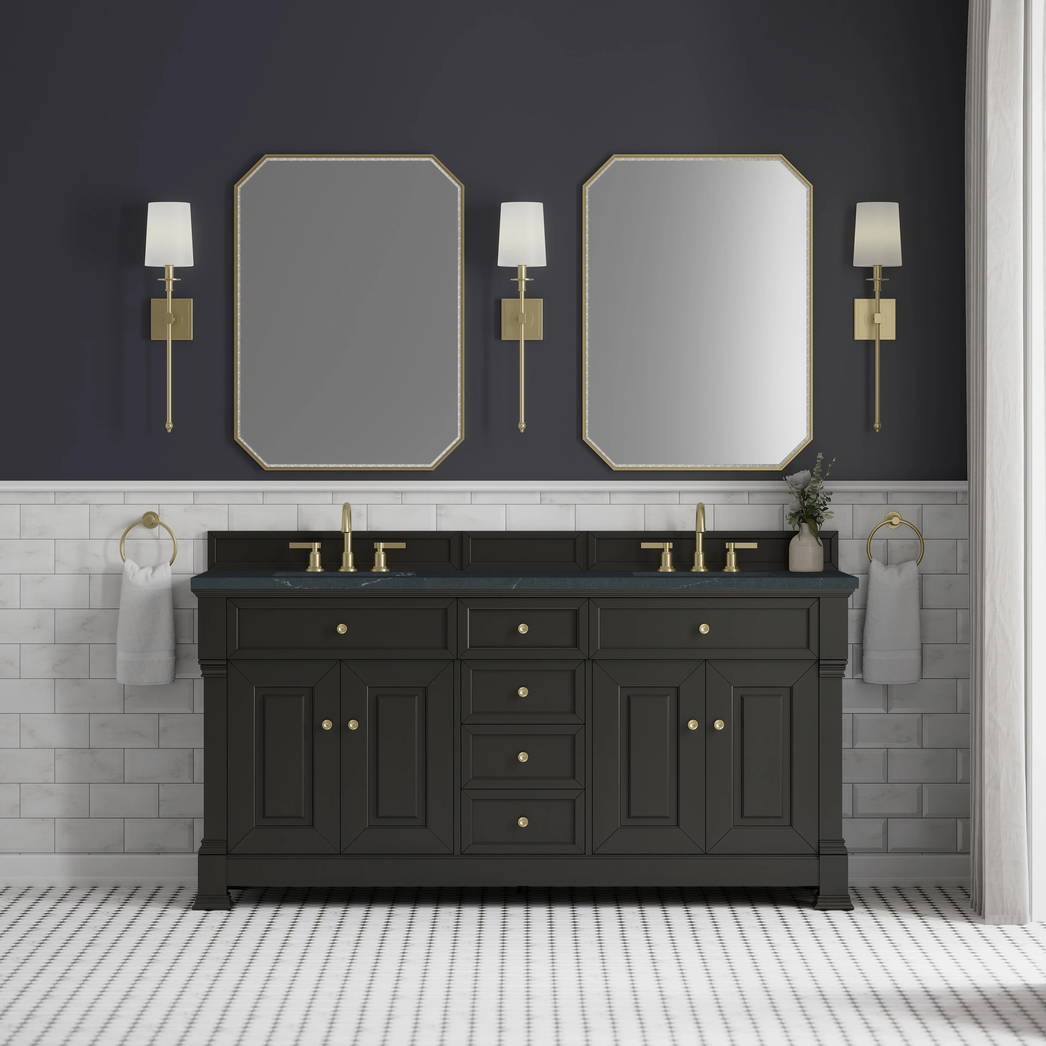 Brookfield 72" Double Vanity, Black Onyx, w/ 3 CM Charcoal Soapstone Silestone Top