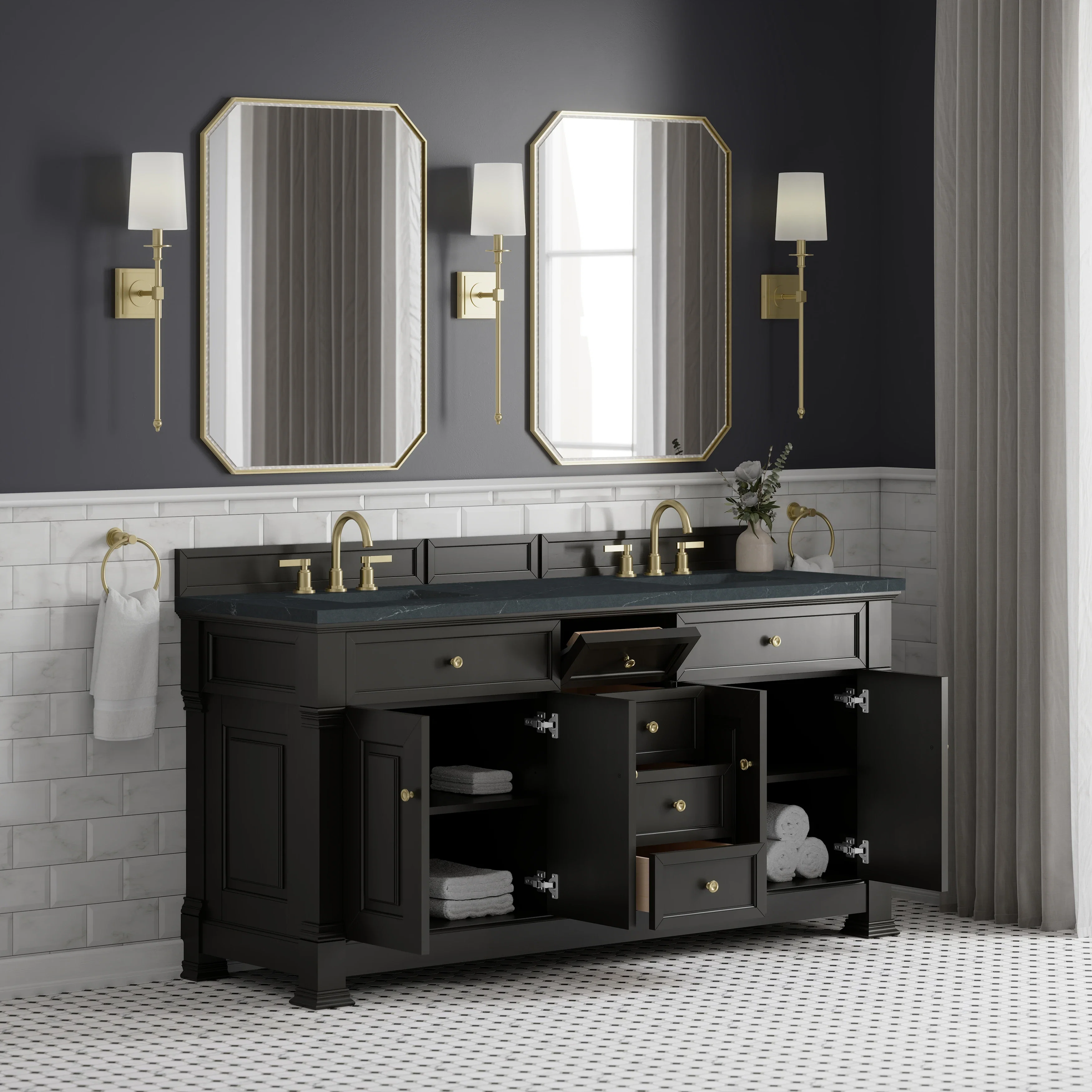 Brookfield 72" Double Vanity, Black Onyx, w/ 3 CM Charcoal Soapstone Silestone Top