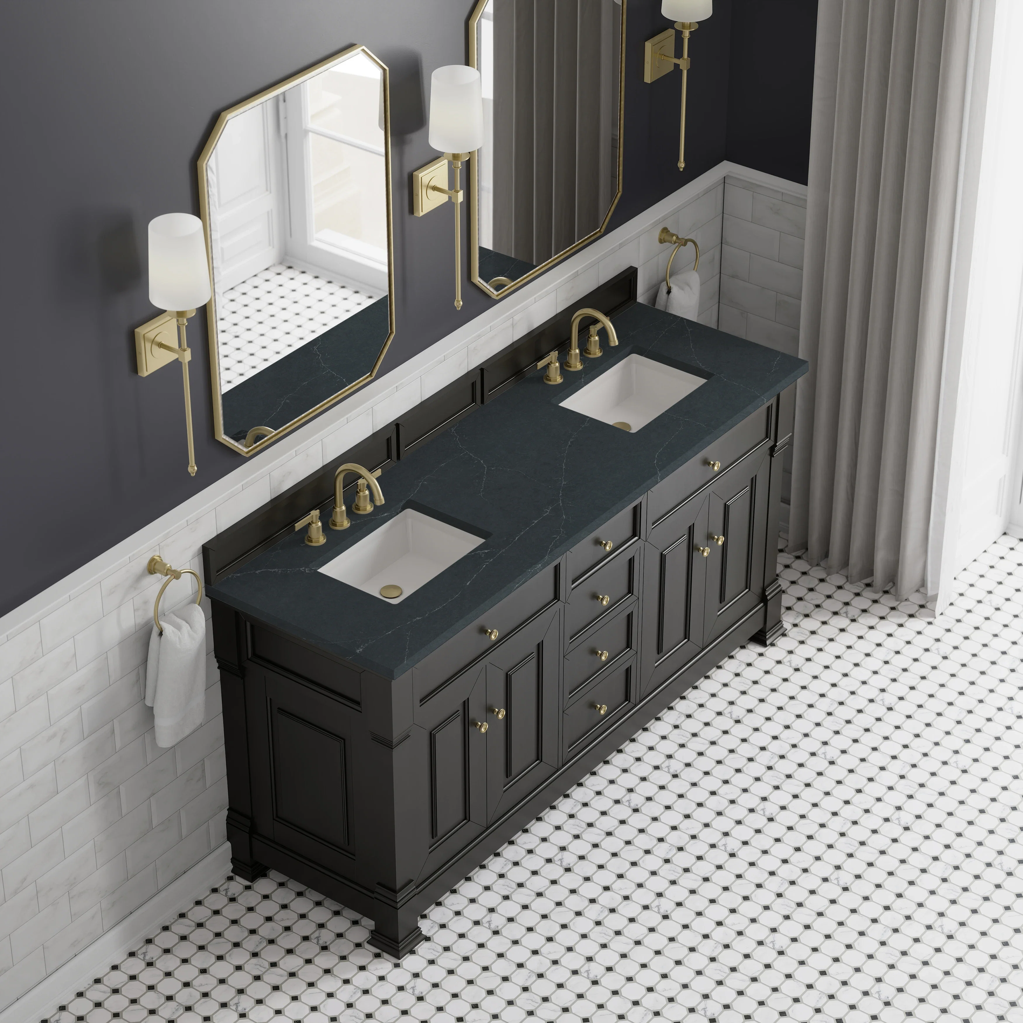 Brookfield 72" Double Vanity, Black Onyx, w/ 3 CM Charcoal Soapstone Silestone Top