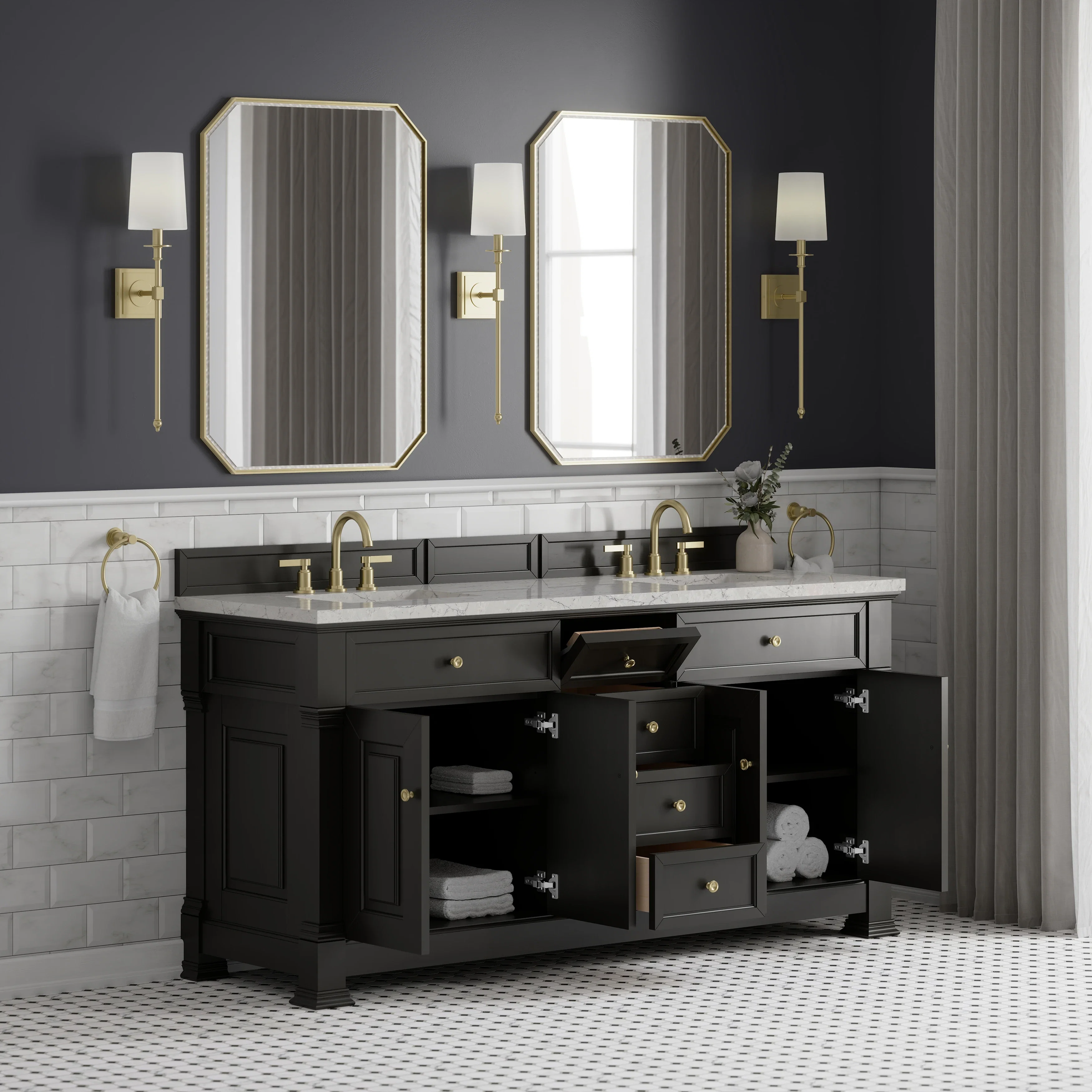 Brookfield 72" Double Vanity, Black Onyx w/ 3 CM Eternal Jasmine Pearl Silestone Top