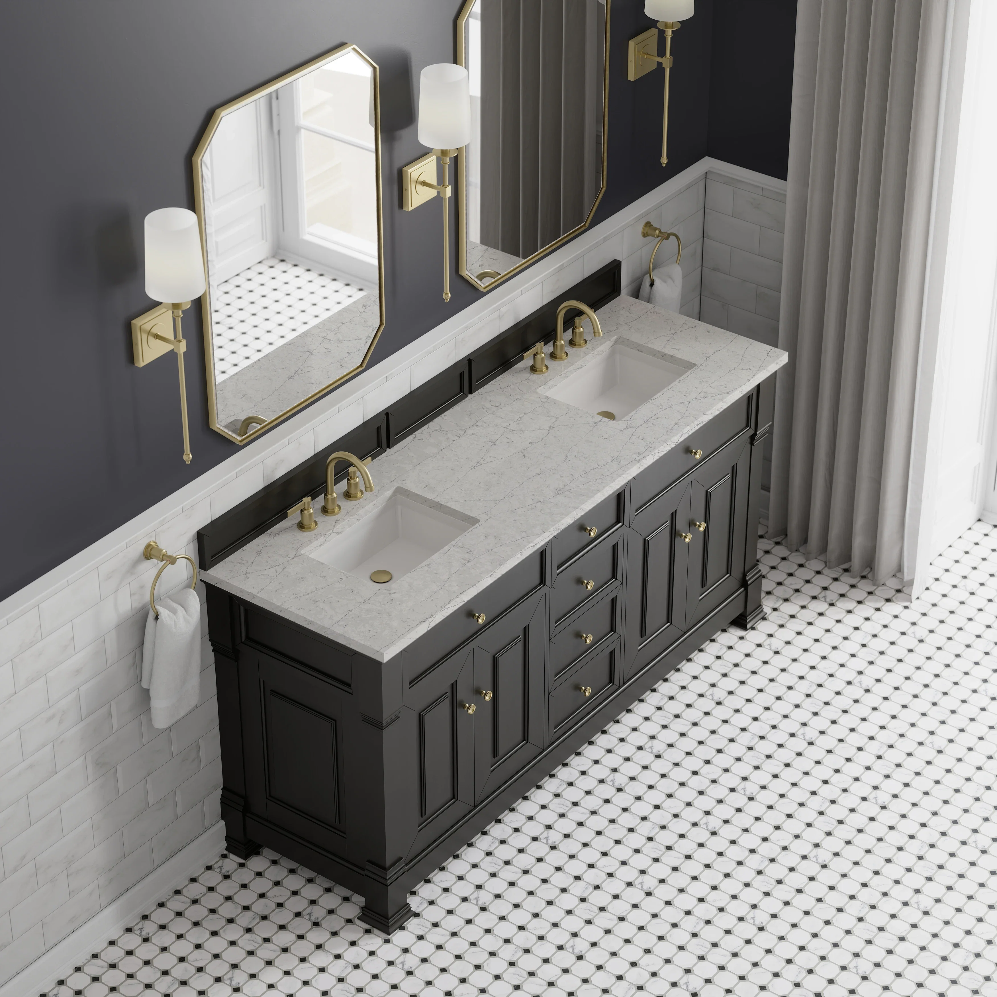 Brookfield 72" Double Vanity, Black Onyx w/ 3 CM Eternal Jasmine Pearl Silestone Top