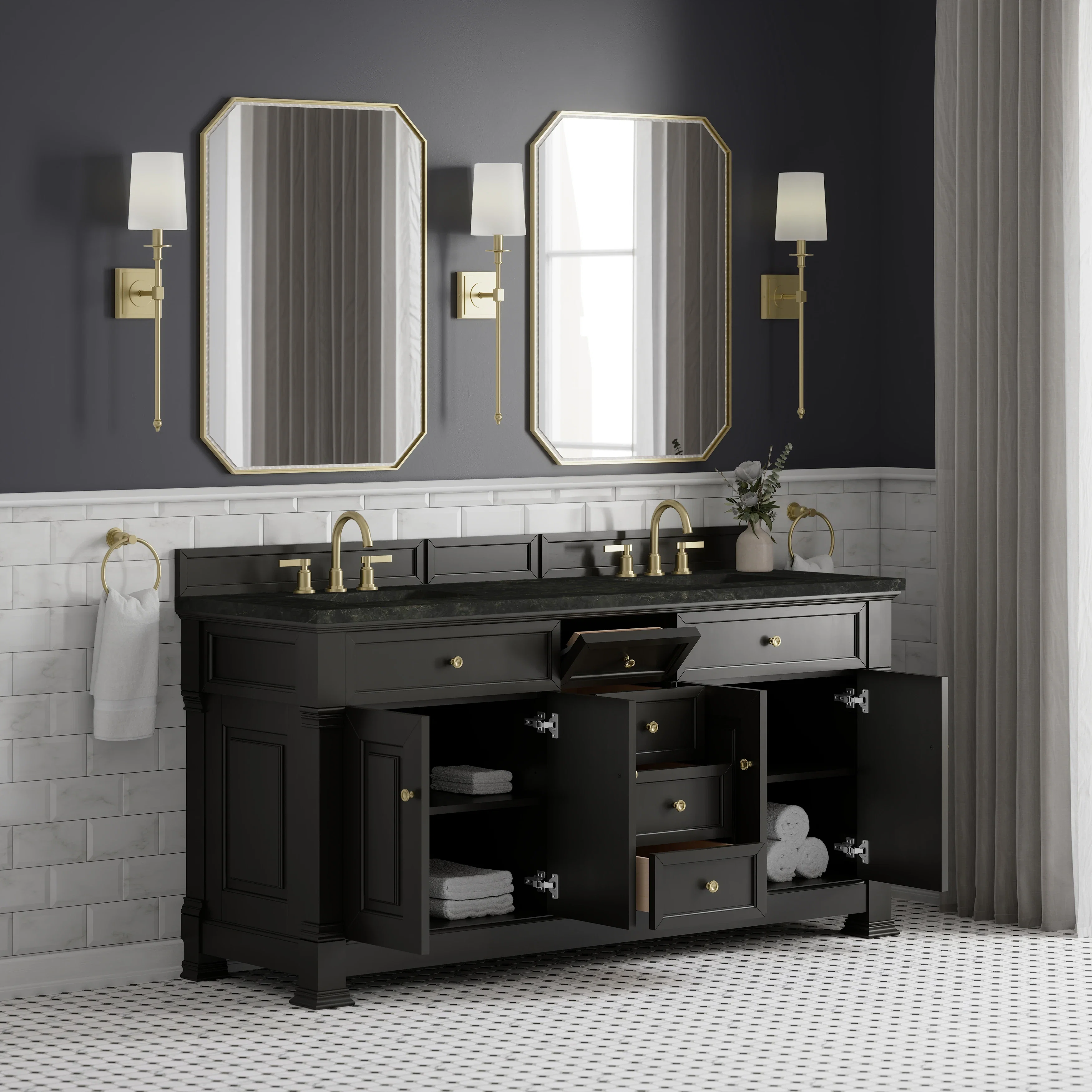 Brookfield 72" Double Vanity, Black Onyx, w/ 3 CM Phantome Eclos Top