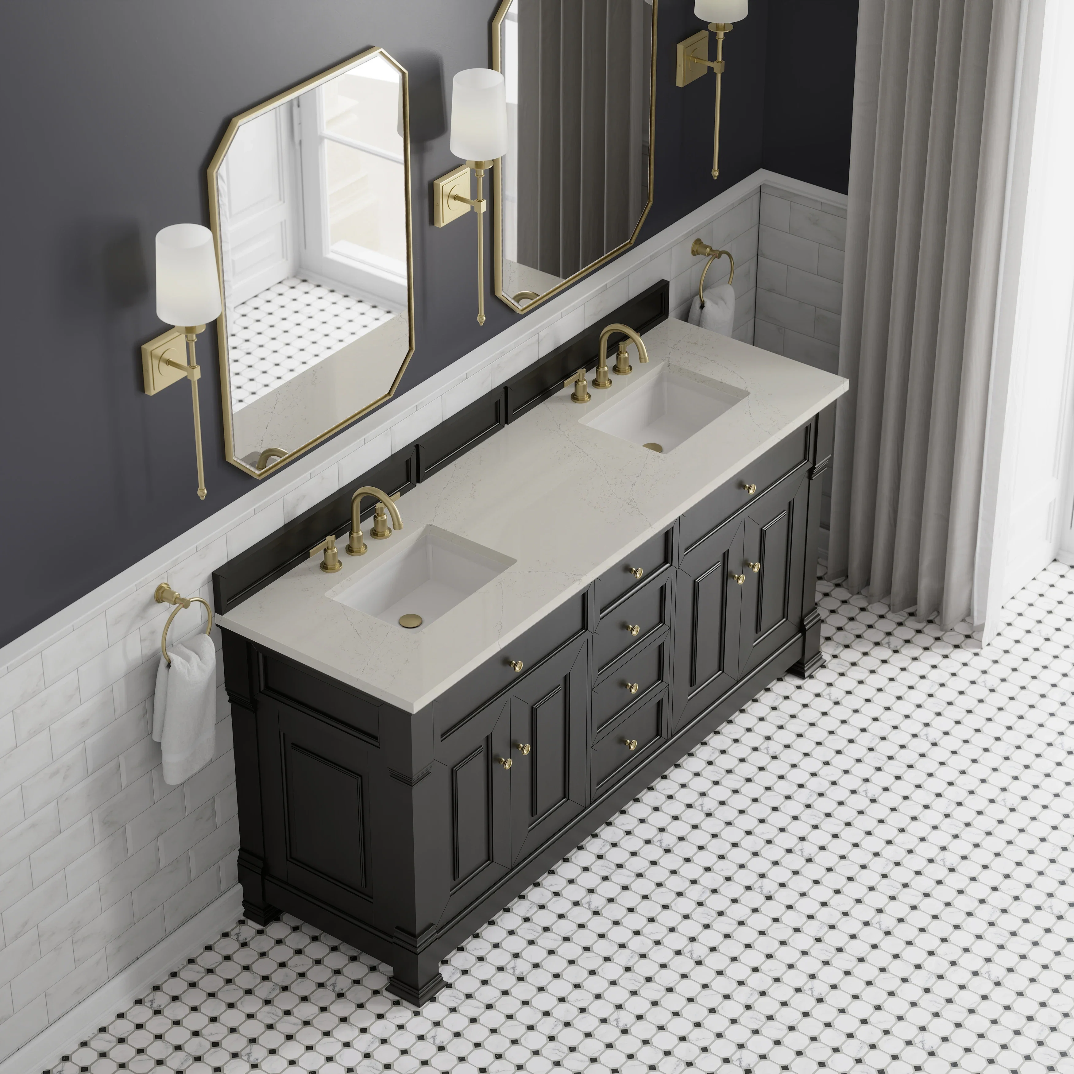 Brookfield 72" Double Vanity, Black Onyx, w/ 3 CM Siberian Silestone Top
