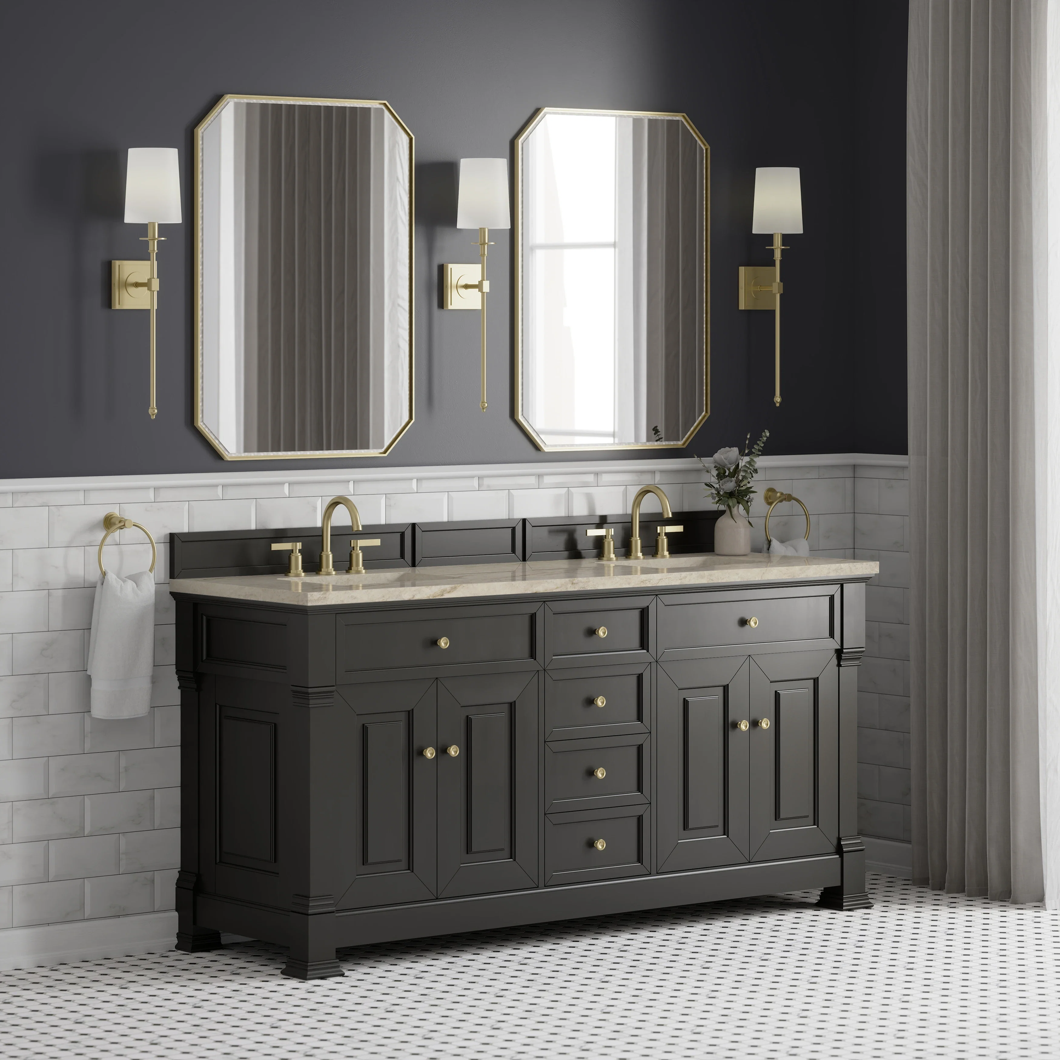 Brookfield 72" Double Vanity, Black Onyx, w/ 3 CM Tajnar Eclos Top