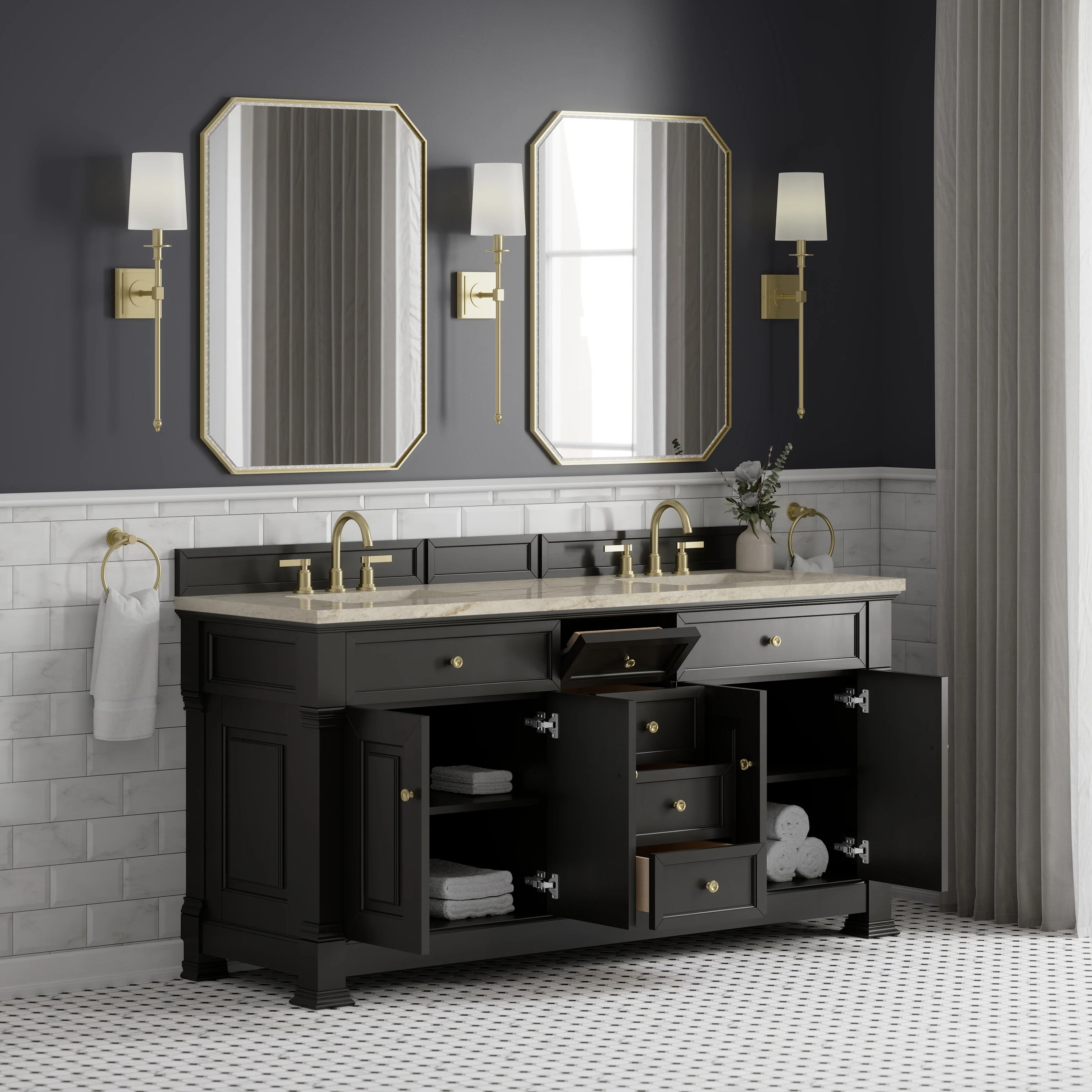 Brookfield 72" Double Vanity, Black Onyx, w/ 3 CM Tajnar Eclos Top