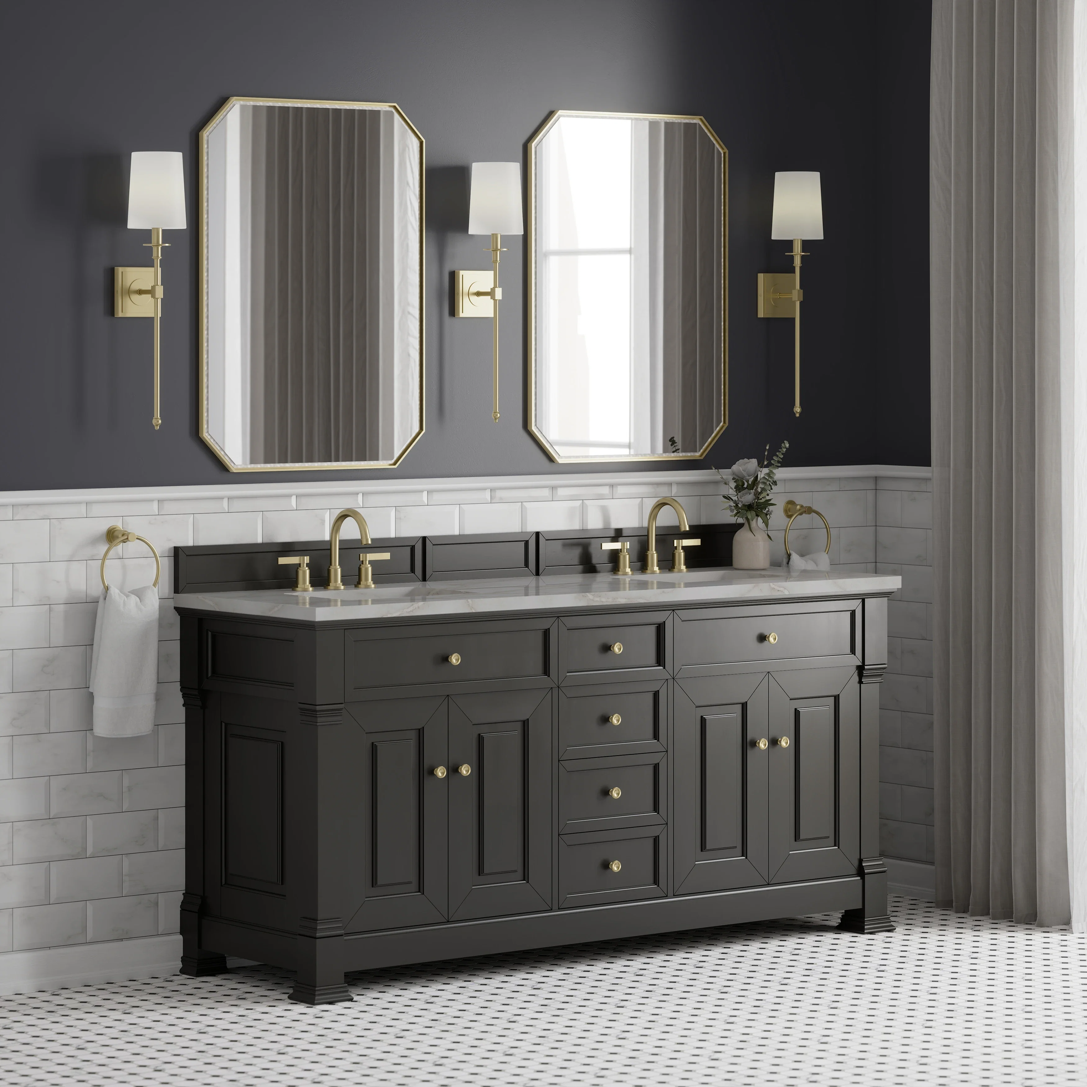 Brookfield 72" Double Vanity, Black Onyx w/ 3 CM Victorian Silver Silestone Top