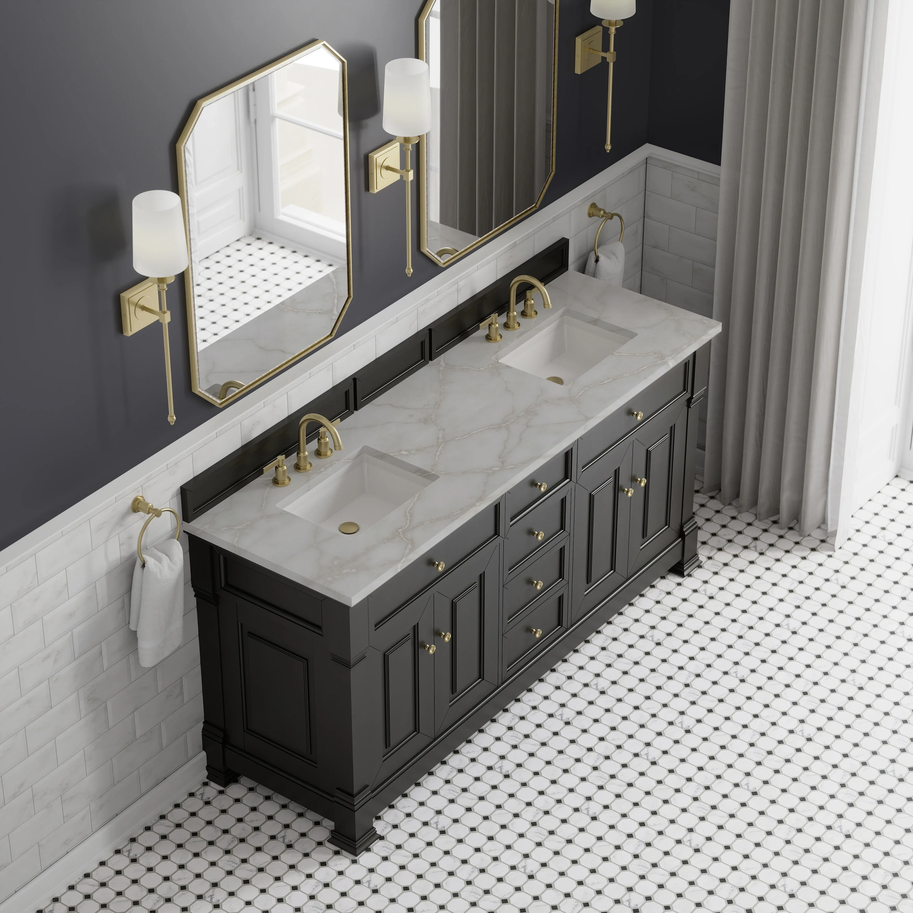 Brookfield 72" Double Vanity, Black Onyx w/ 3 CM Victorian Silver Silestone Top