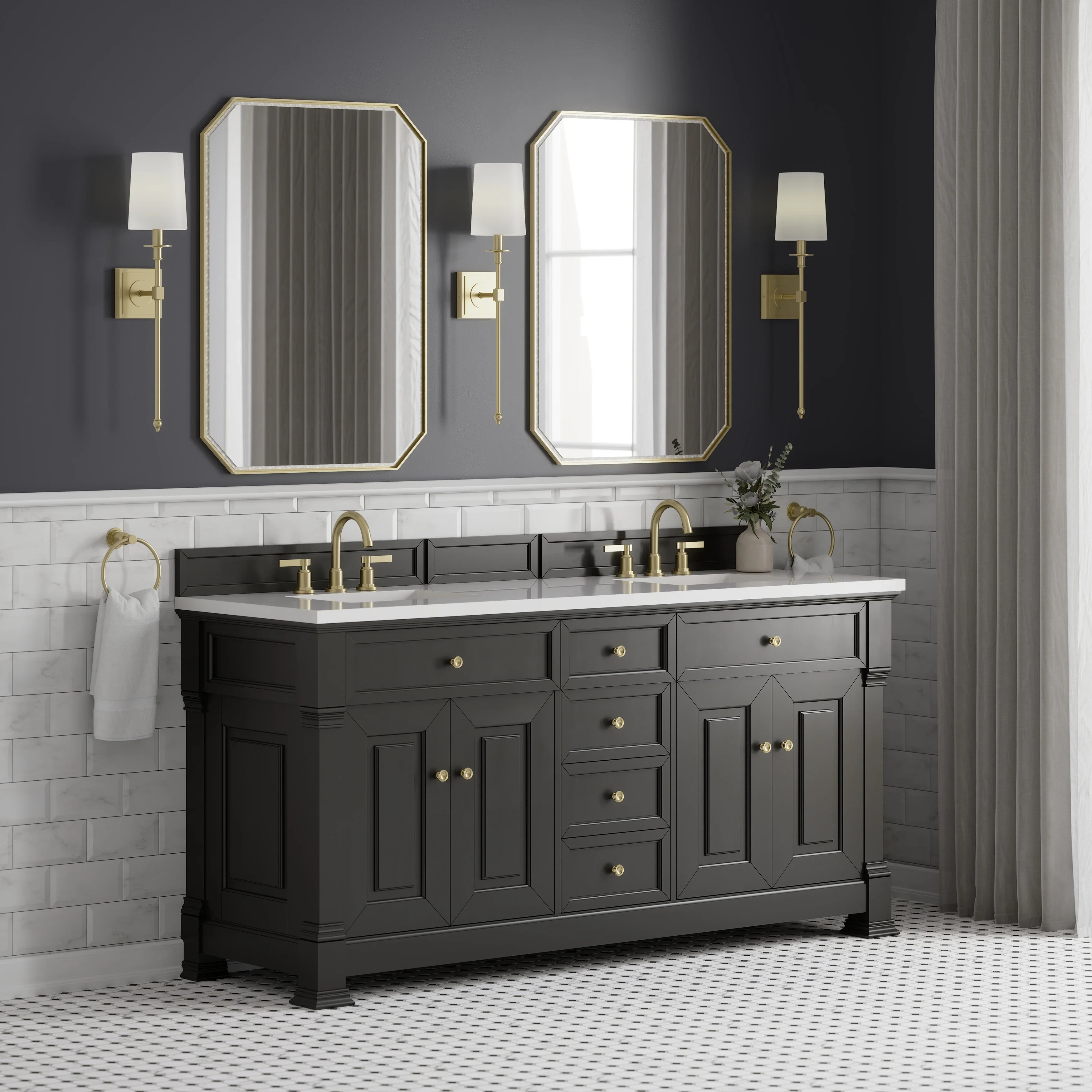 Brookfield 72" Double Vanity, Black Onyx, w/ 3 CM White Zeus Silestone Top