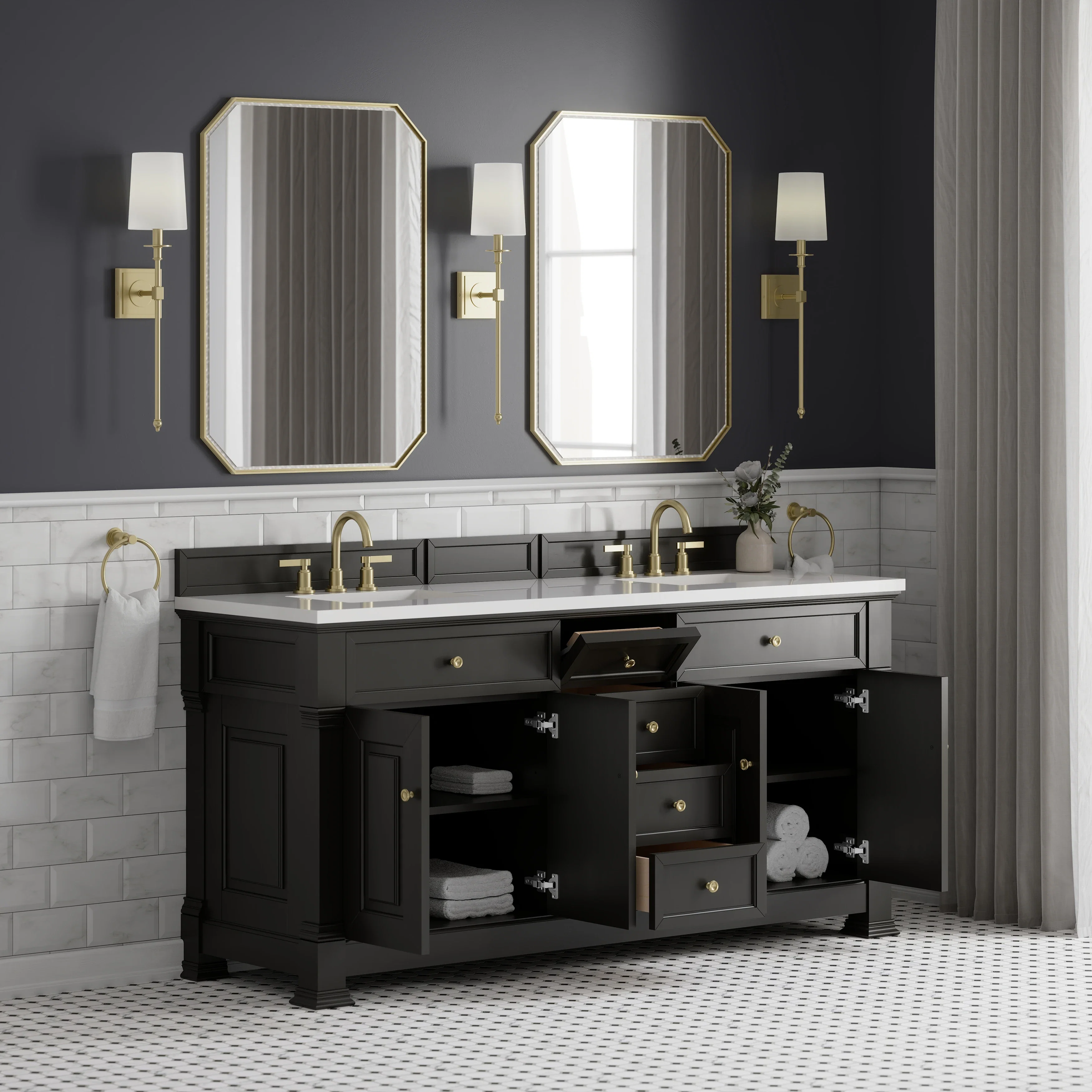 Brookfield 72" Double Vanity, Black Onyx, w/ 3 CM White Zeus Silestone Top
