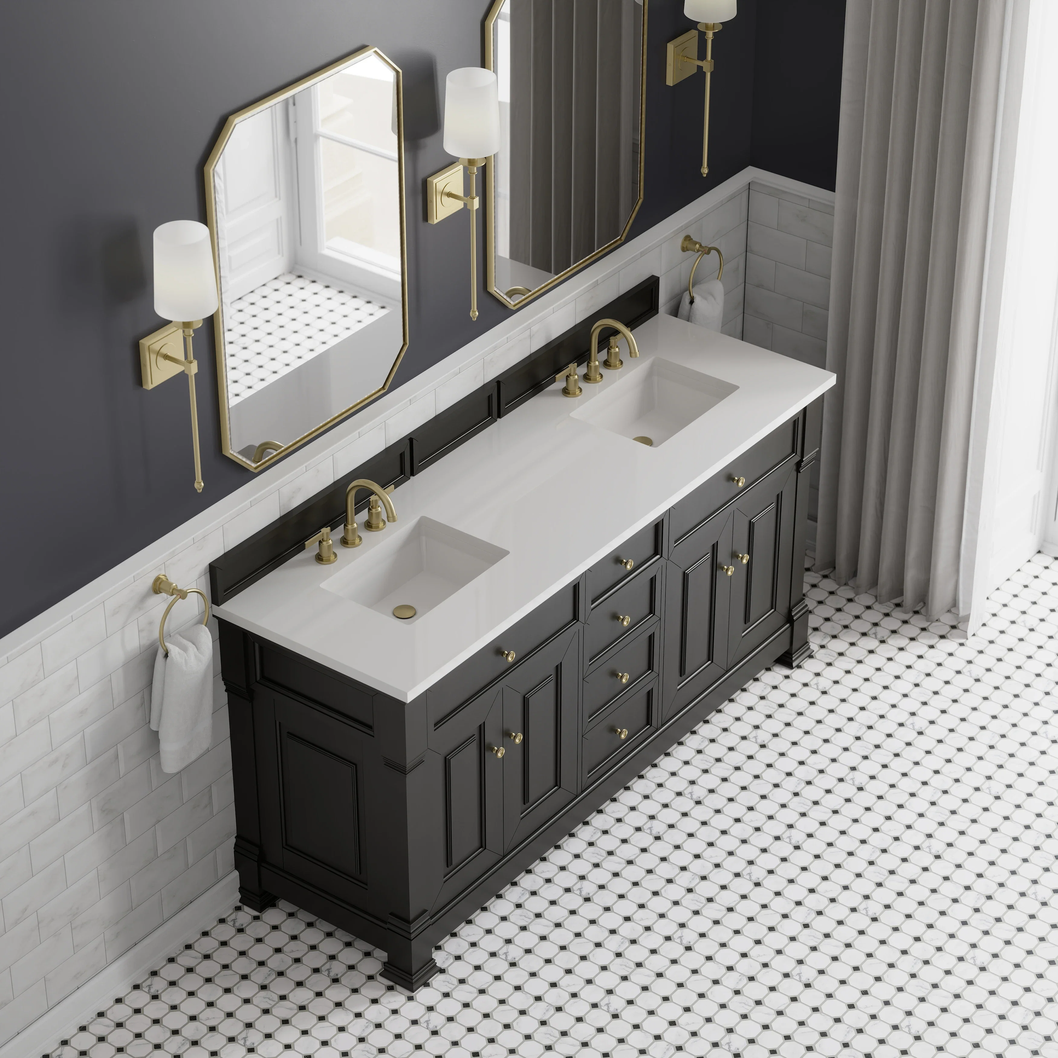Brookfield 72" Double Vanity, Black Onyx, w/ 3 CM White Zeus Silestone Top