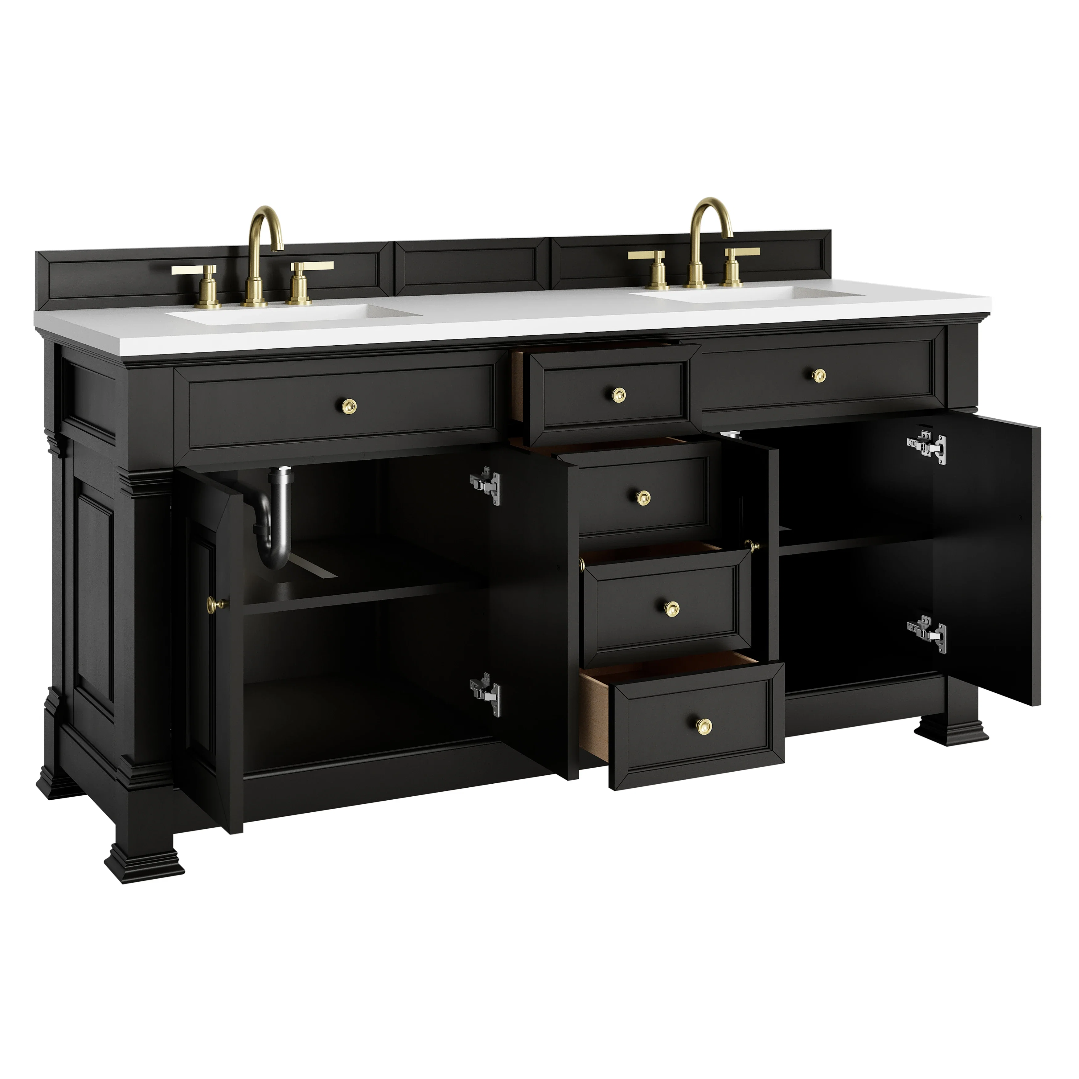 Brookfield 72" Double Vanity, Black Onyx, w/ 3 CM White Zeus Silestone Top
