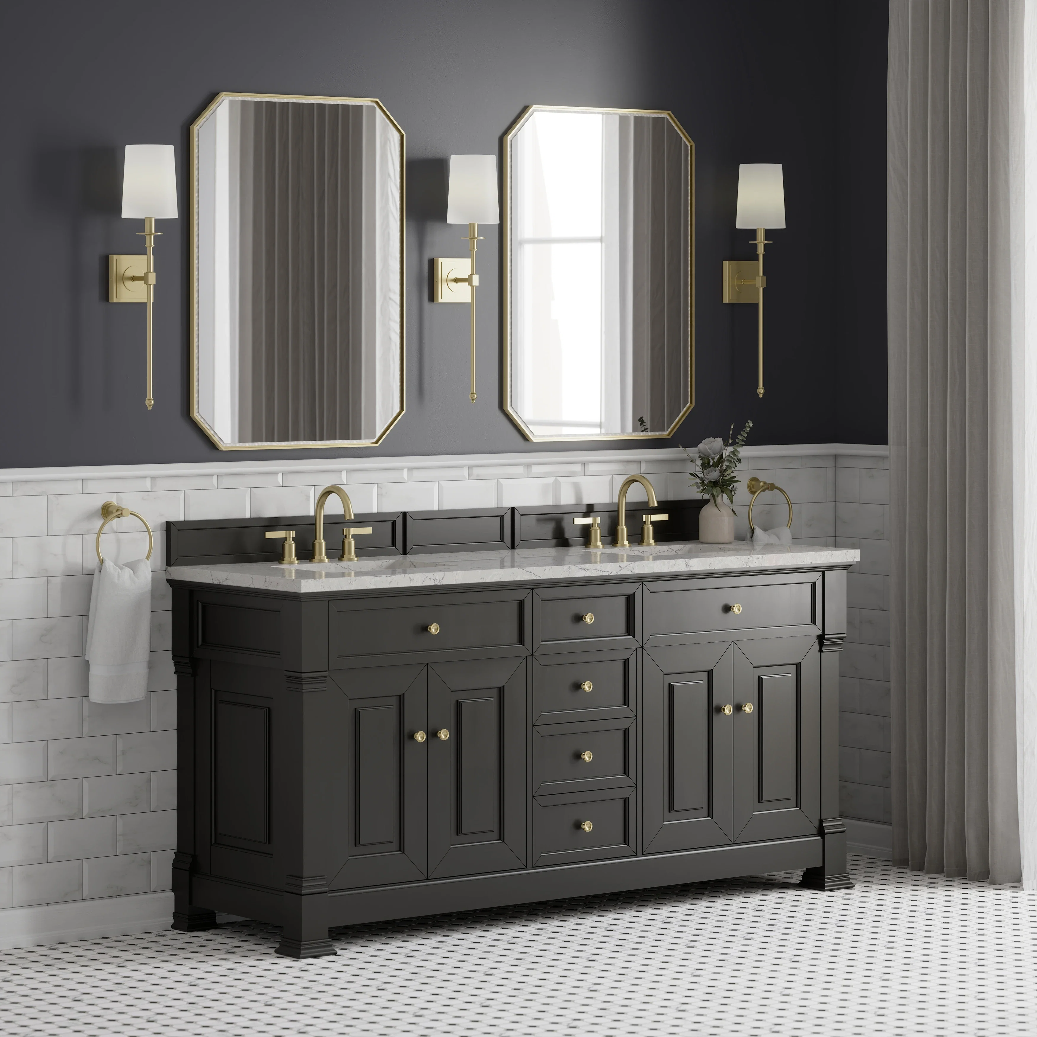 Brookfield 72" Double Vanity, Black Onyx w/ 3 CM Eternal Jasmine Pearl Silestone Top w/ FreePower Wireless Charger