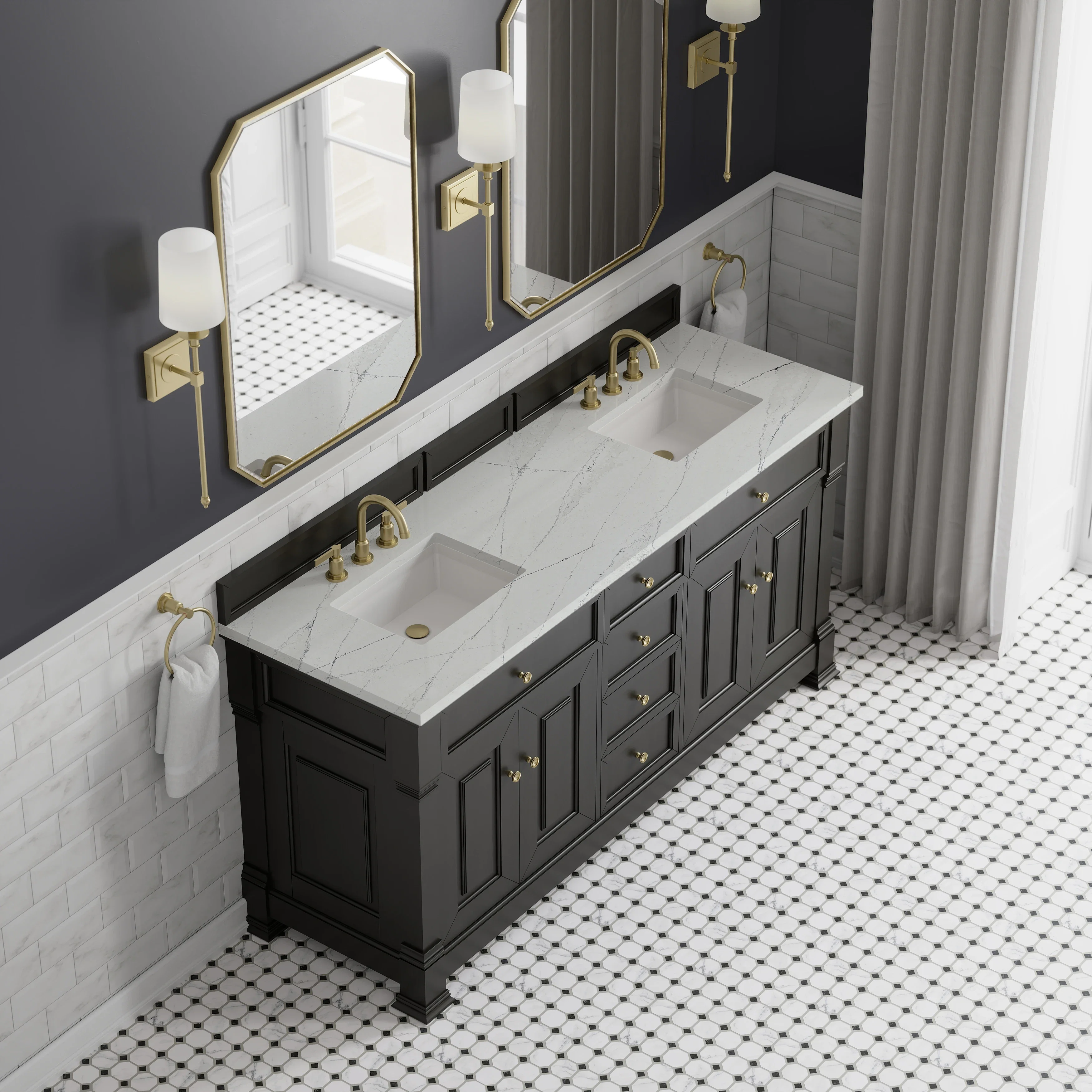 Brookfield 72" Double Vanity, Black Onyx w/ 3 CM Ethereal Noctis Silestone Top w/ FreePower Wireless Charger