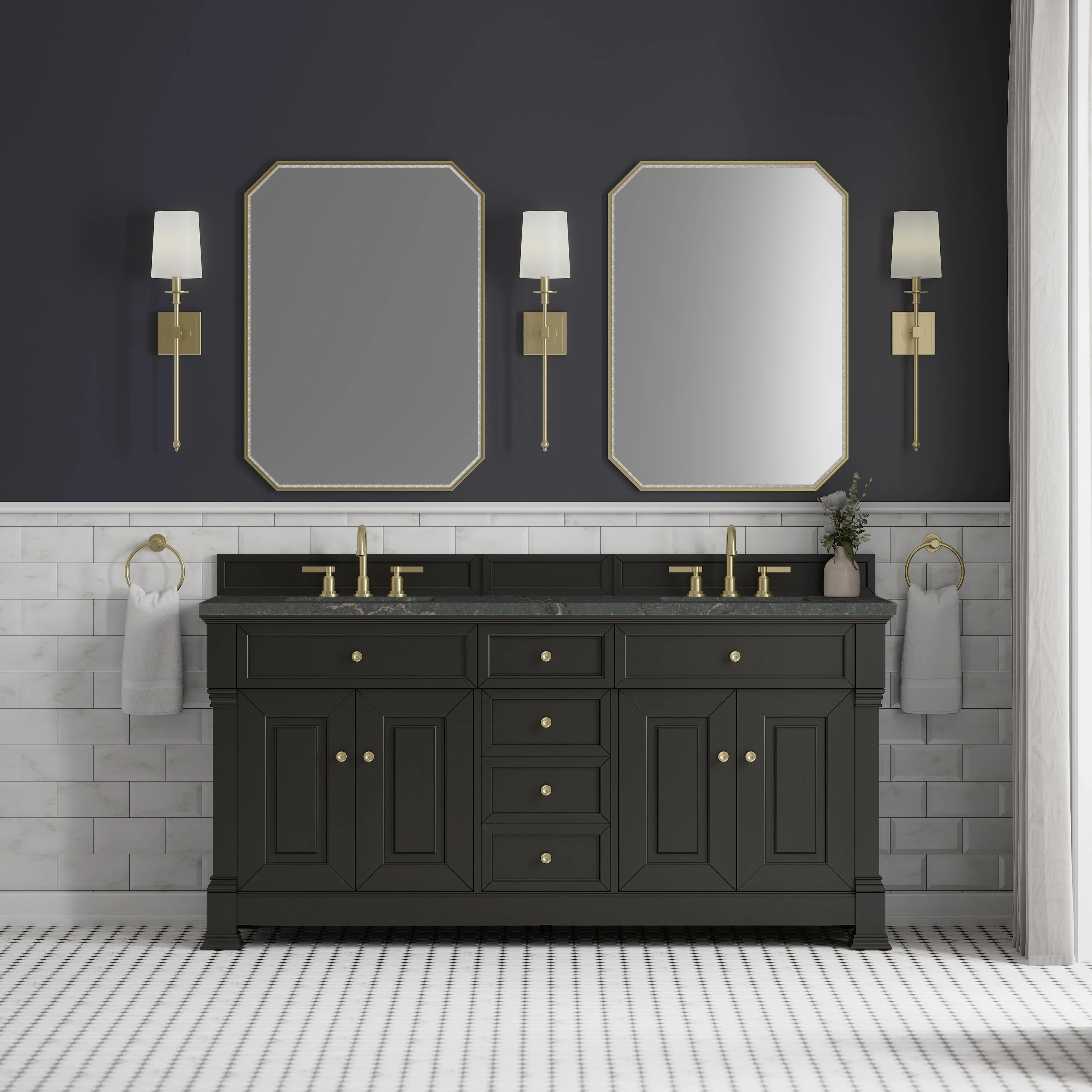 Brookfield 72" Double Vanity, Black Onyx w/ 3 CM Parisien Bleu Silestone Top w/ FreePower Wireless Charger