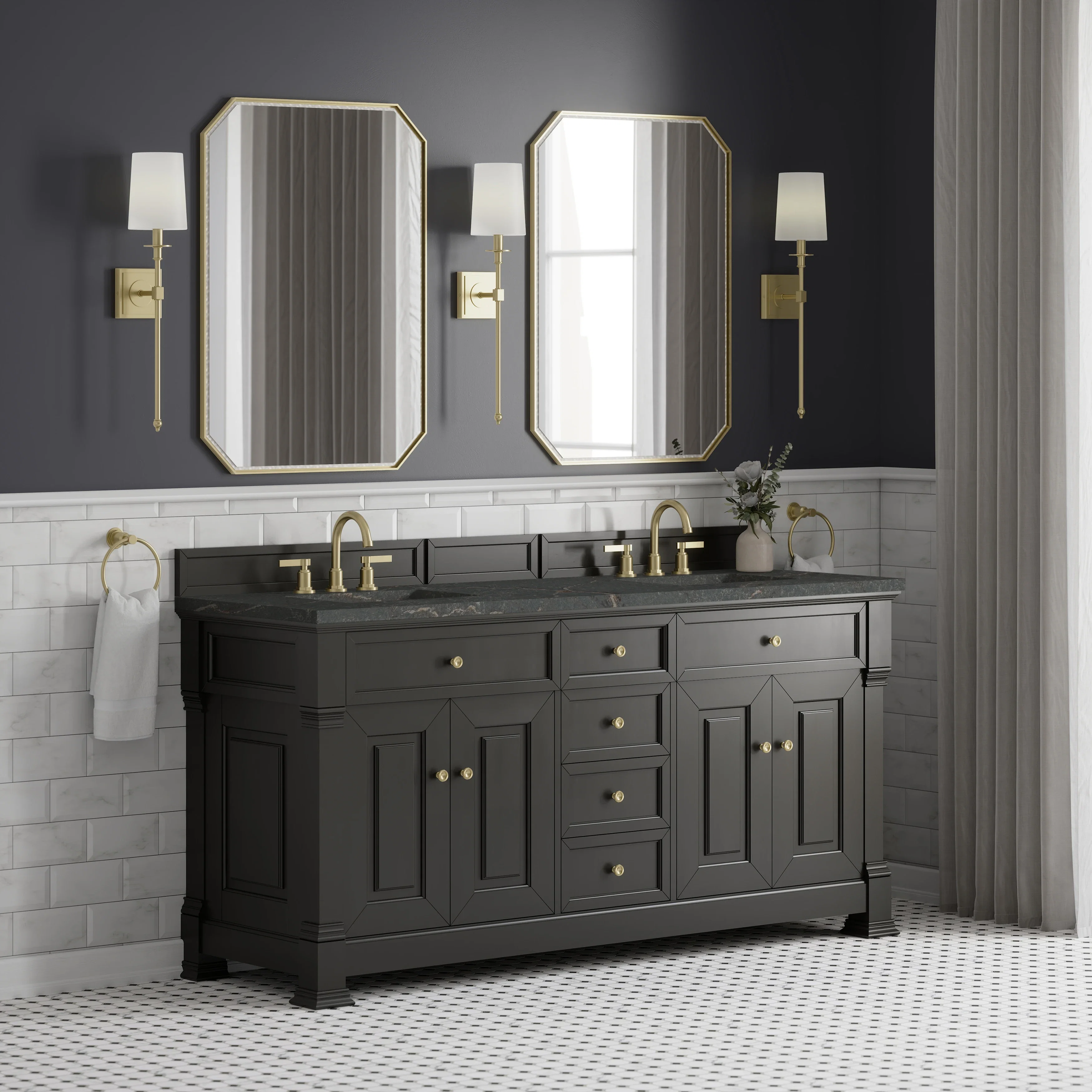 Brookfield 72" Double Vanity, Black Onyx w/ 3 CM Parisien Bleu Silestone Top w/ FreePower Wireless Charger