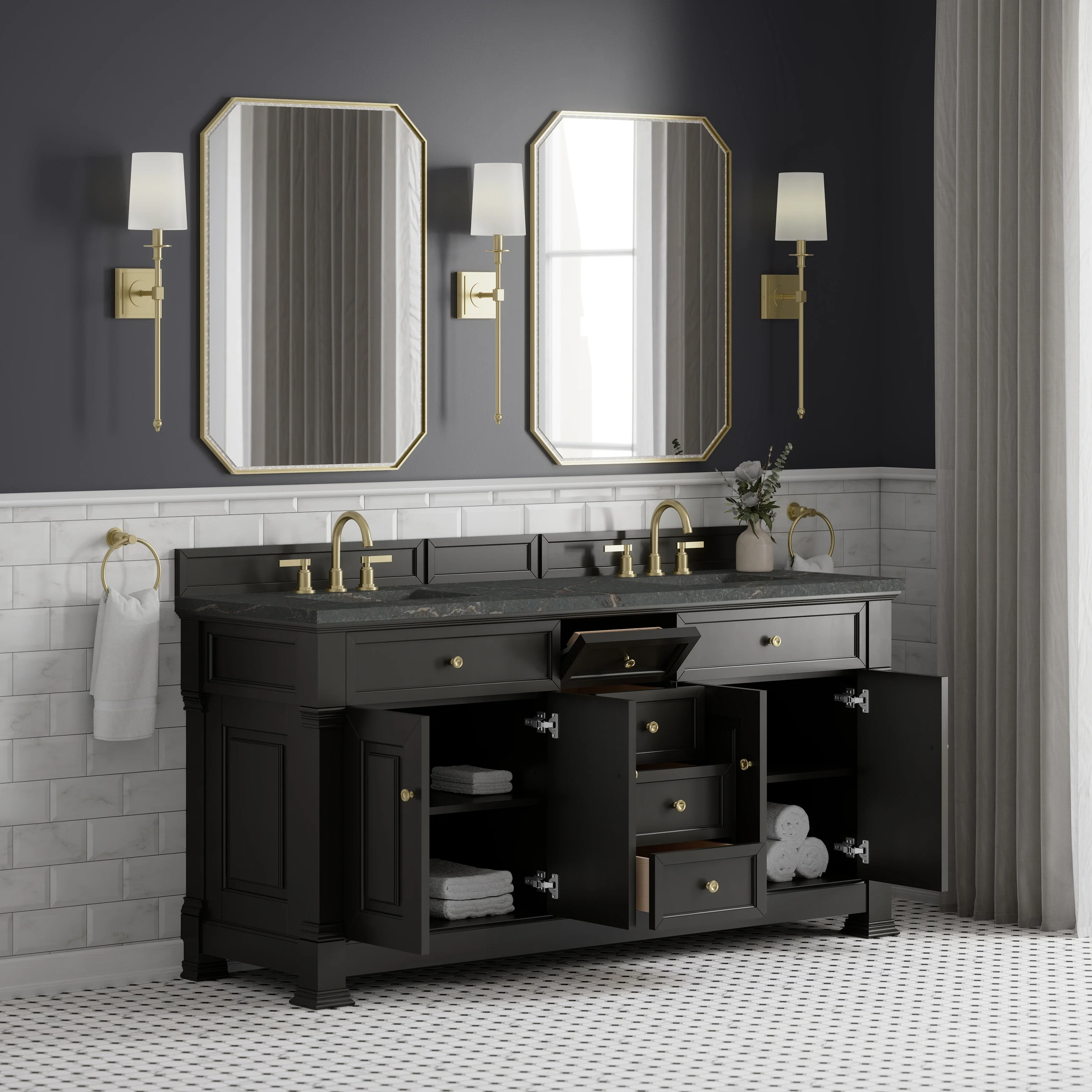 Brookfield 72" Double Vanity, Black Onyx w/ 3 CM Parisien Bleu Silestone Top w/ FreePower Wireless Charger