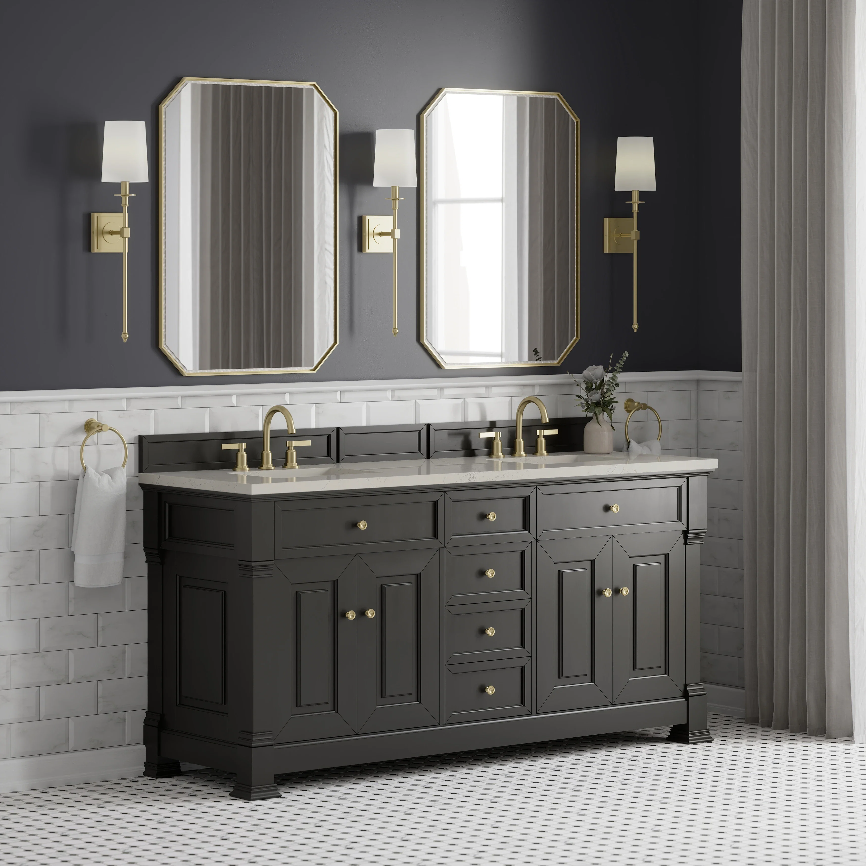 Brookfield 72" Double Vanity, Black Onyx, w/ 3 CM Siberian Silestone Top w/FreePower Wireless Charger