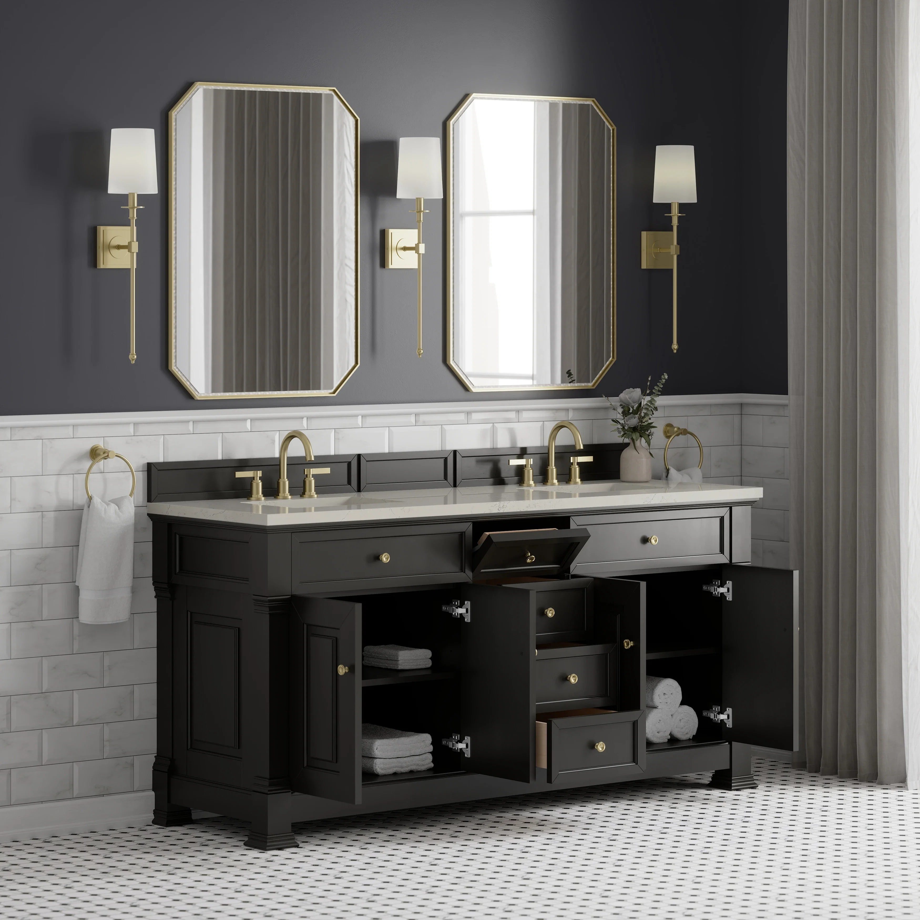 Brookfield 72" Double Vanity, Black Onyx, w/ 3 CM Siberian Silestone Top w/FreePower Wireless Charger