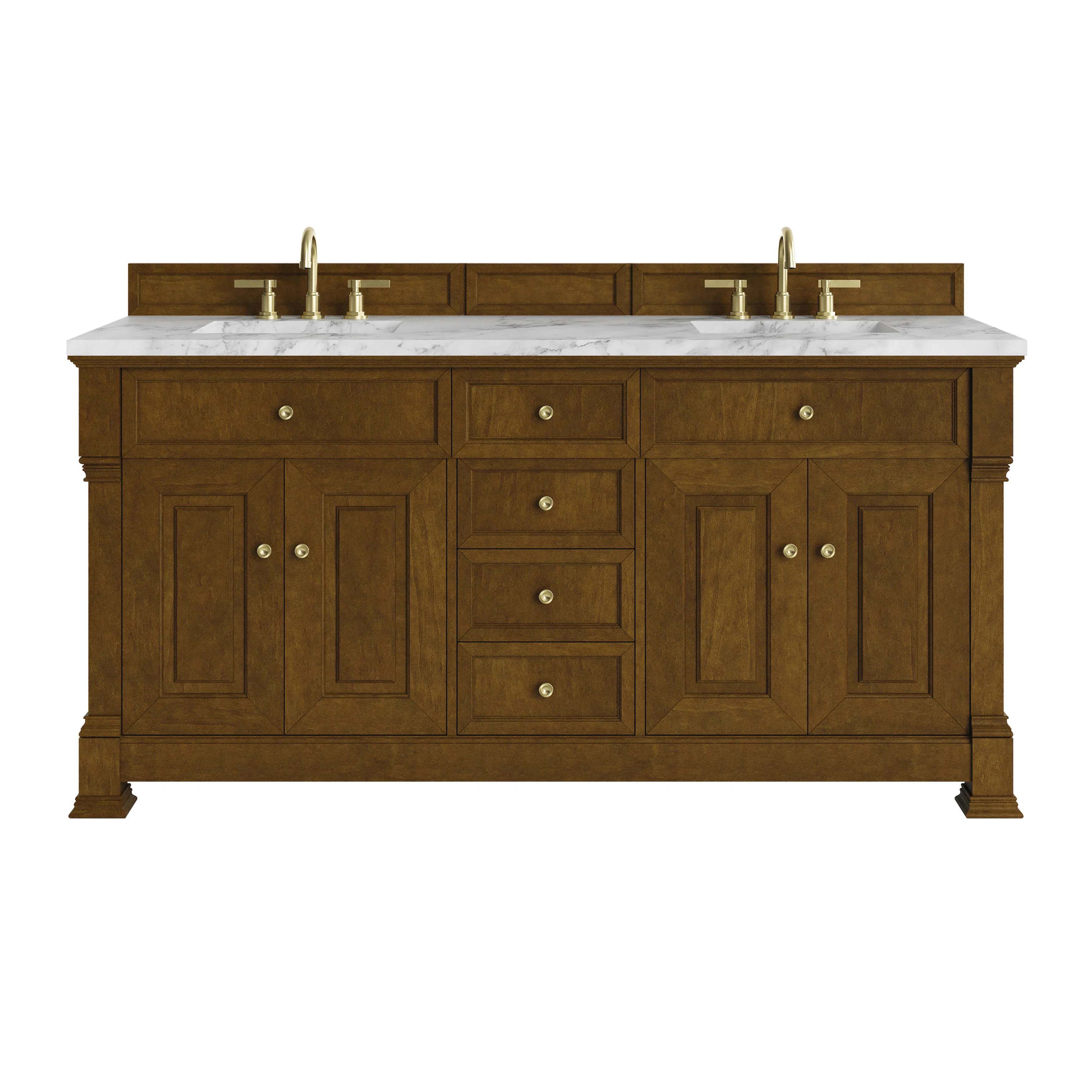 Brookfield 72" Double Vanity, Honey Oak w/3 CM Carrara White Marble Top