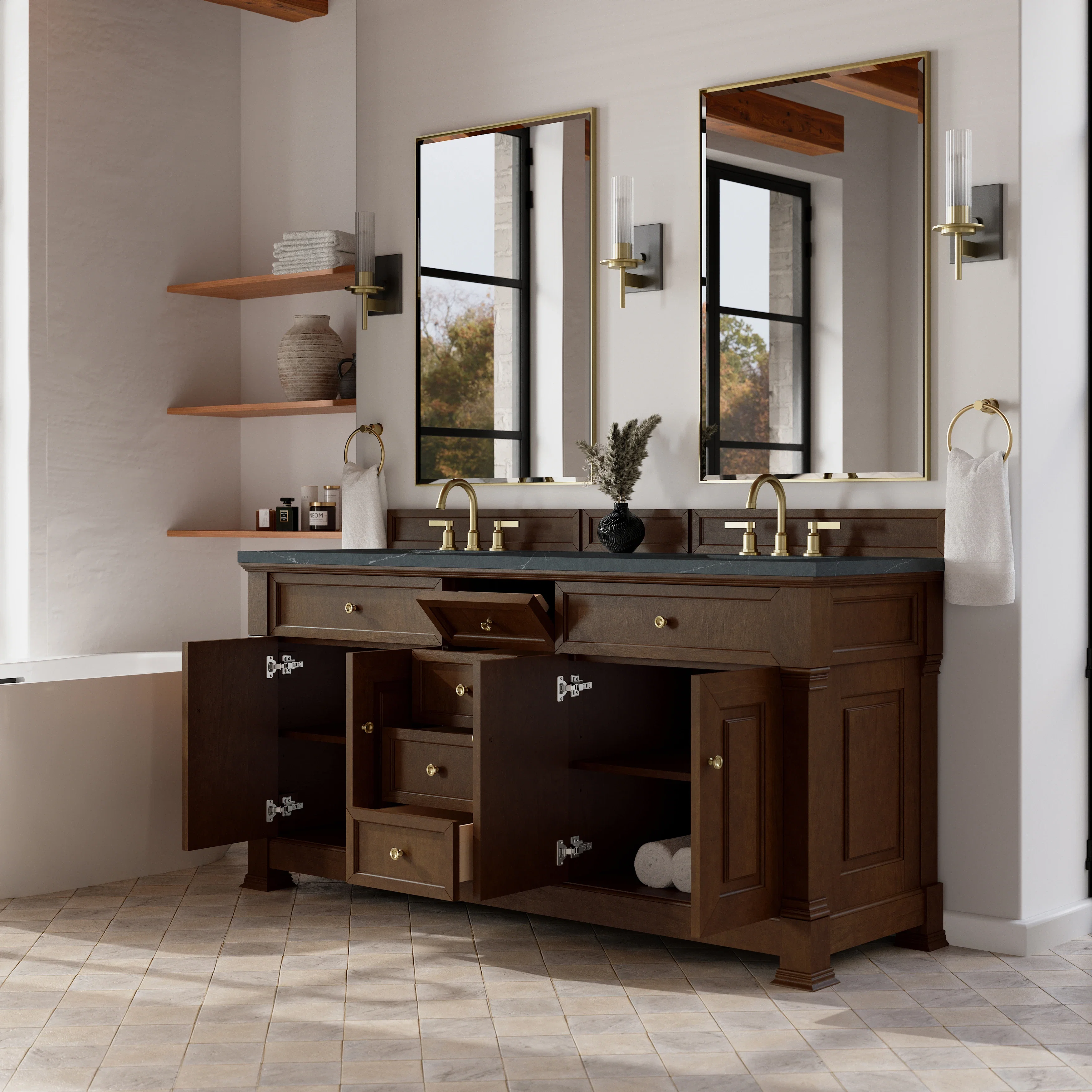 Brookfield 72" Double Vanity, Honey Oak, w/ 3 CM Charcoal Soapstone Silestone Top