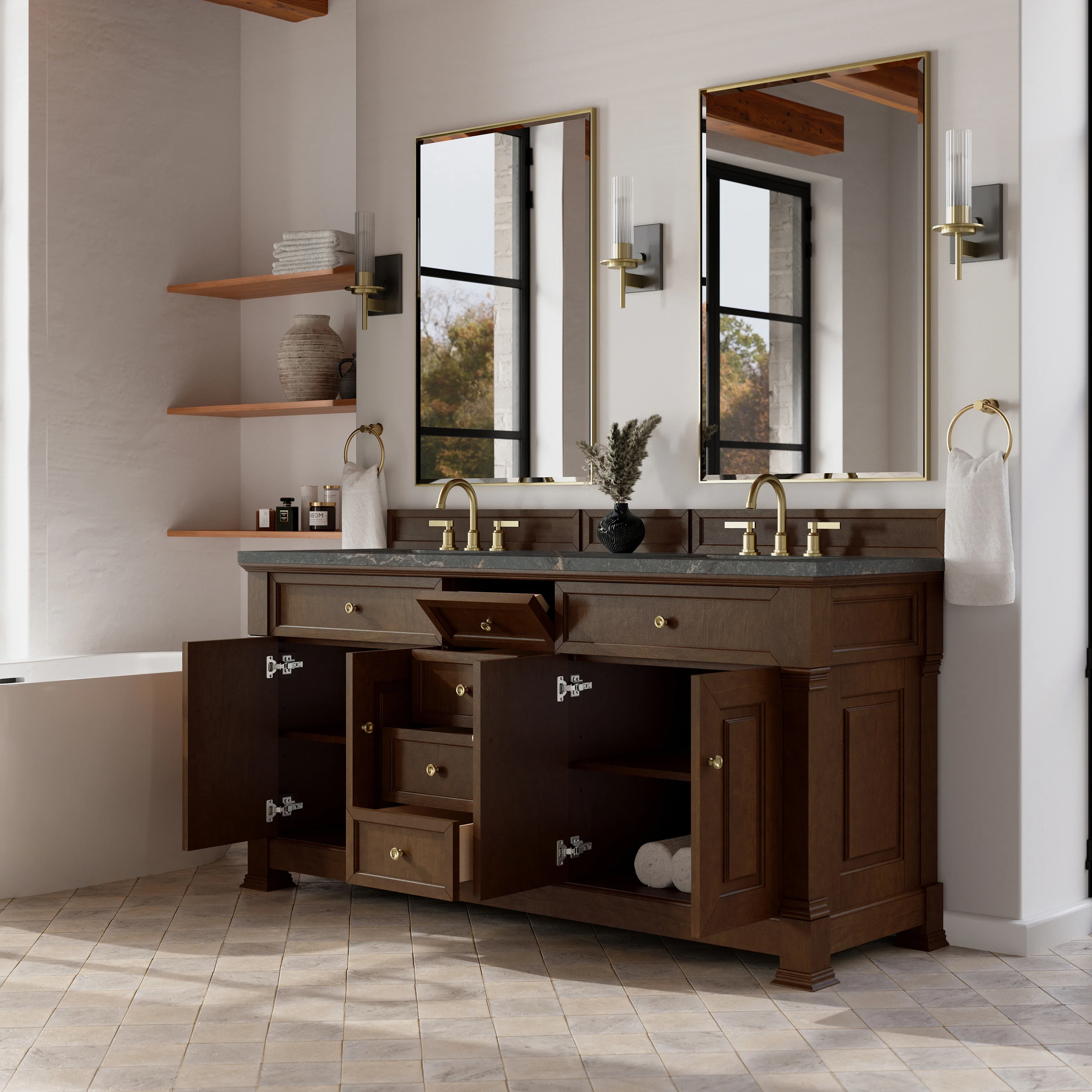 Brookfield 72" Double Vanity, Honey Oak w/ 3 CM Parisien Bleu Silestone Top