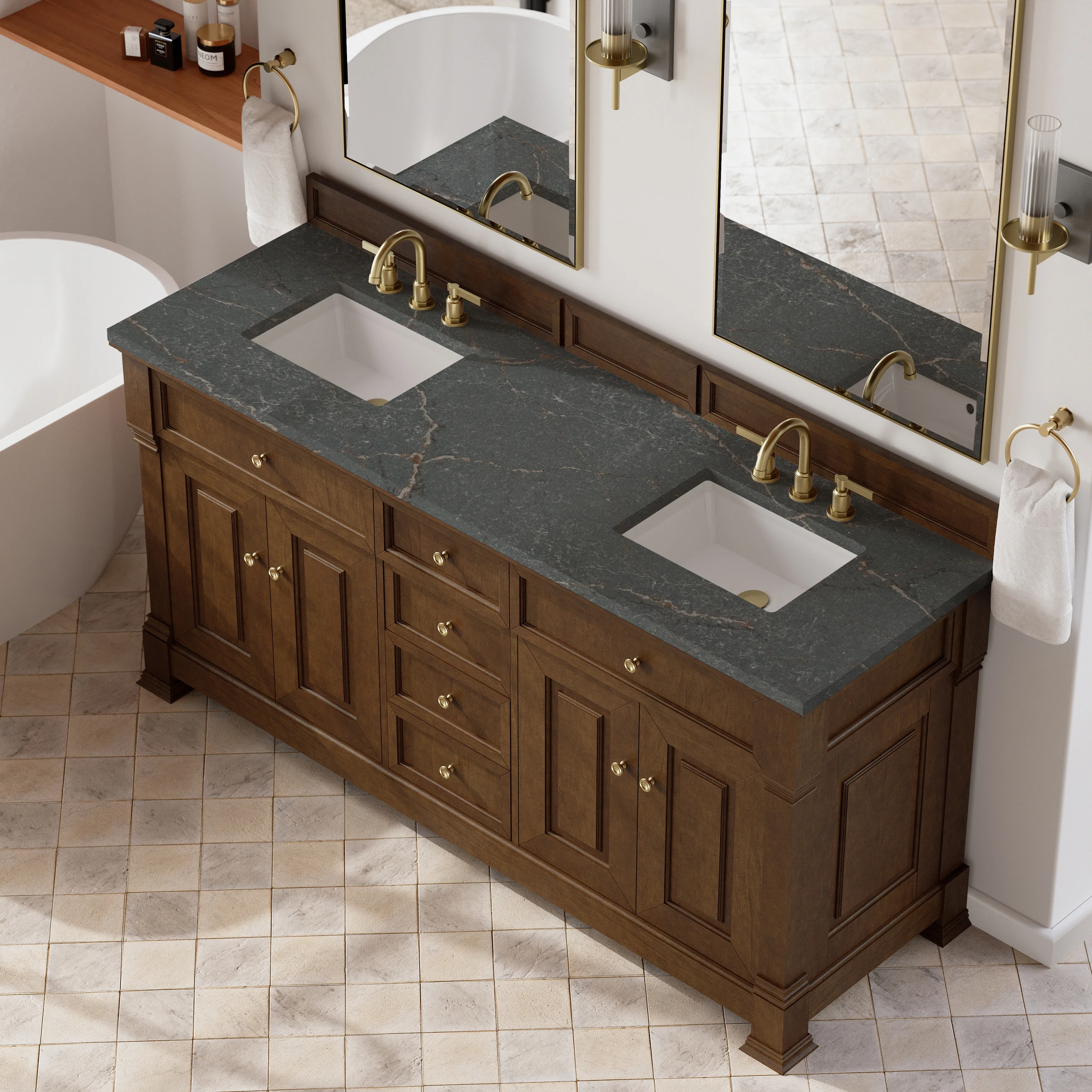 Brookfield 72" Double Vanity, Honey Oak w/ 3 CM Parisien Bleu Silestone Top