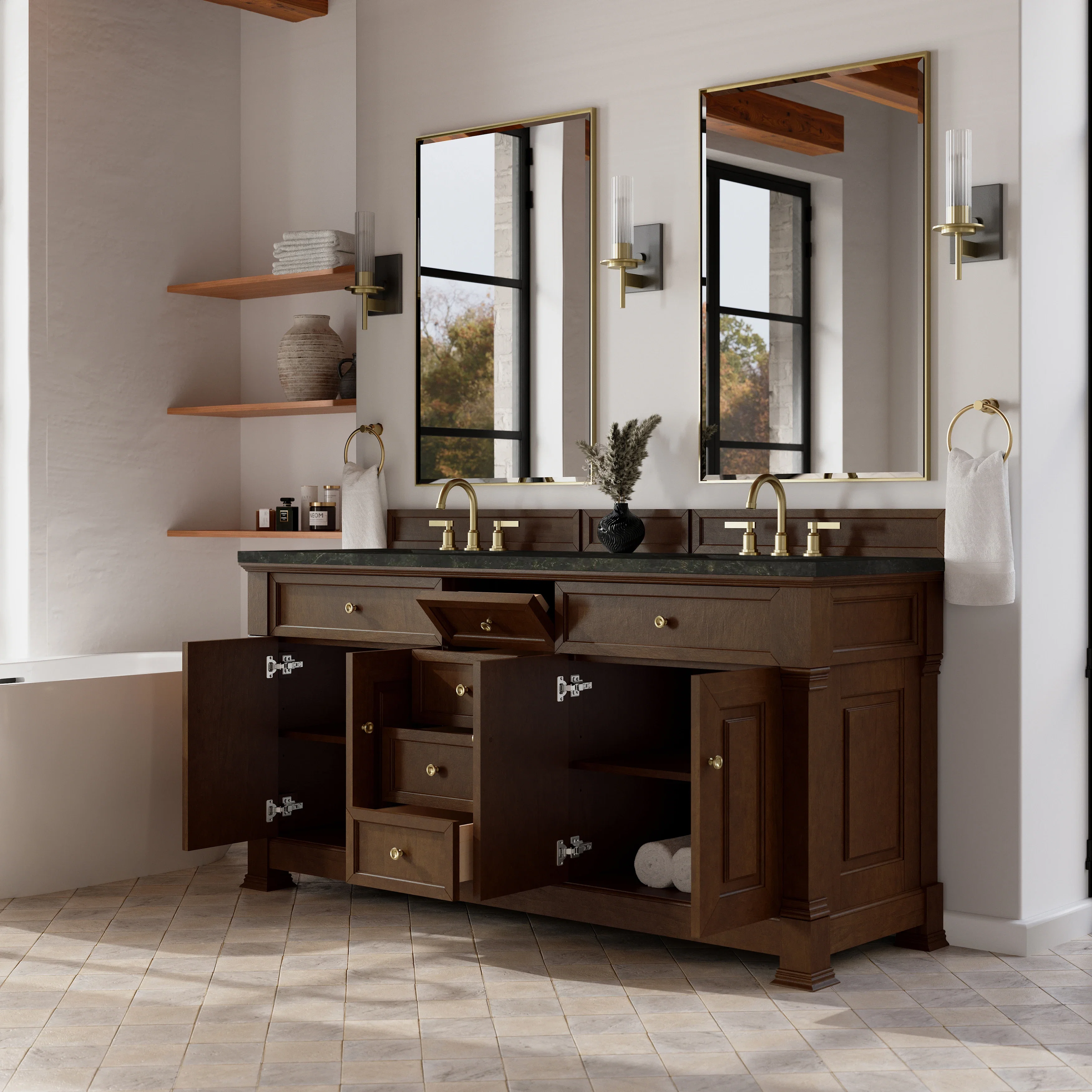 Brookfield 72" Double Vanity, Honey Oak, w/ 3 CM Phantome Eclos Top