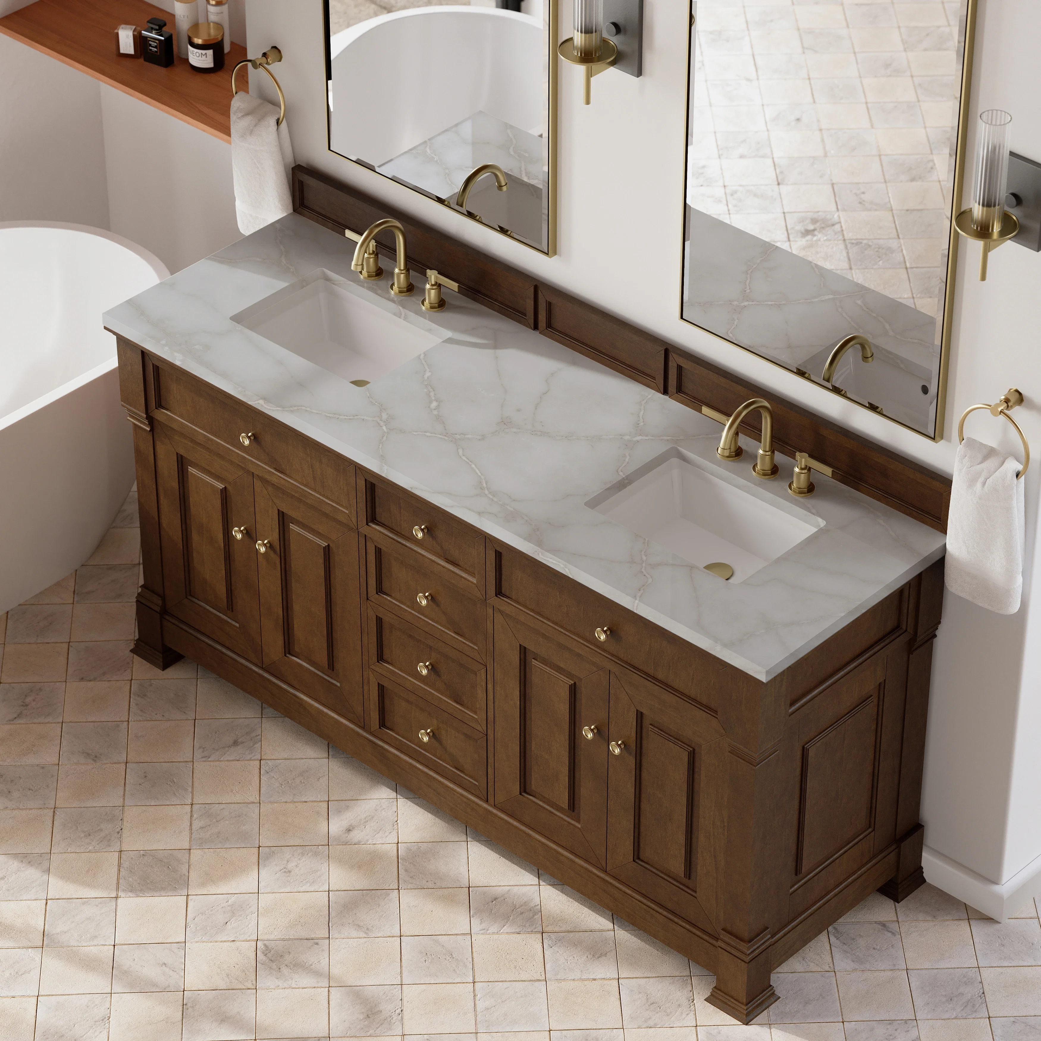 Brookfield 72" Double Vanity, Honey Oak w/ 3 CM Victorian Silver Silestone Top