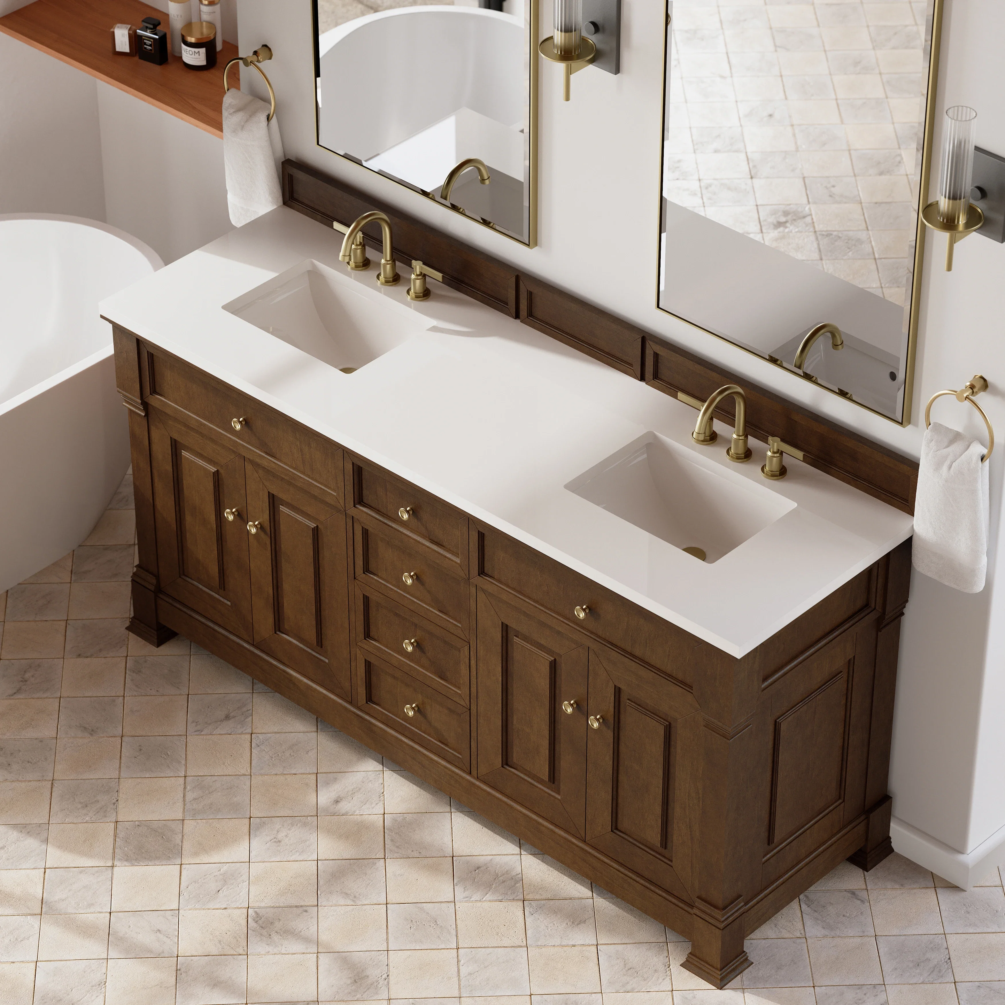Brookfield 72" Double Vanity, Honey Oak,  w/ 3 CM White Zeus Silestone Top