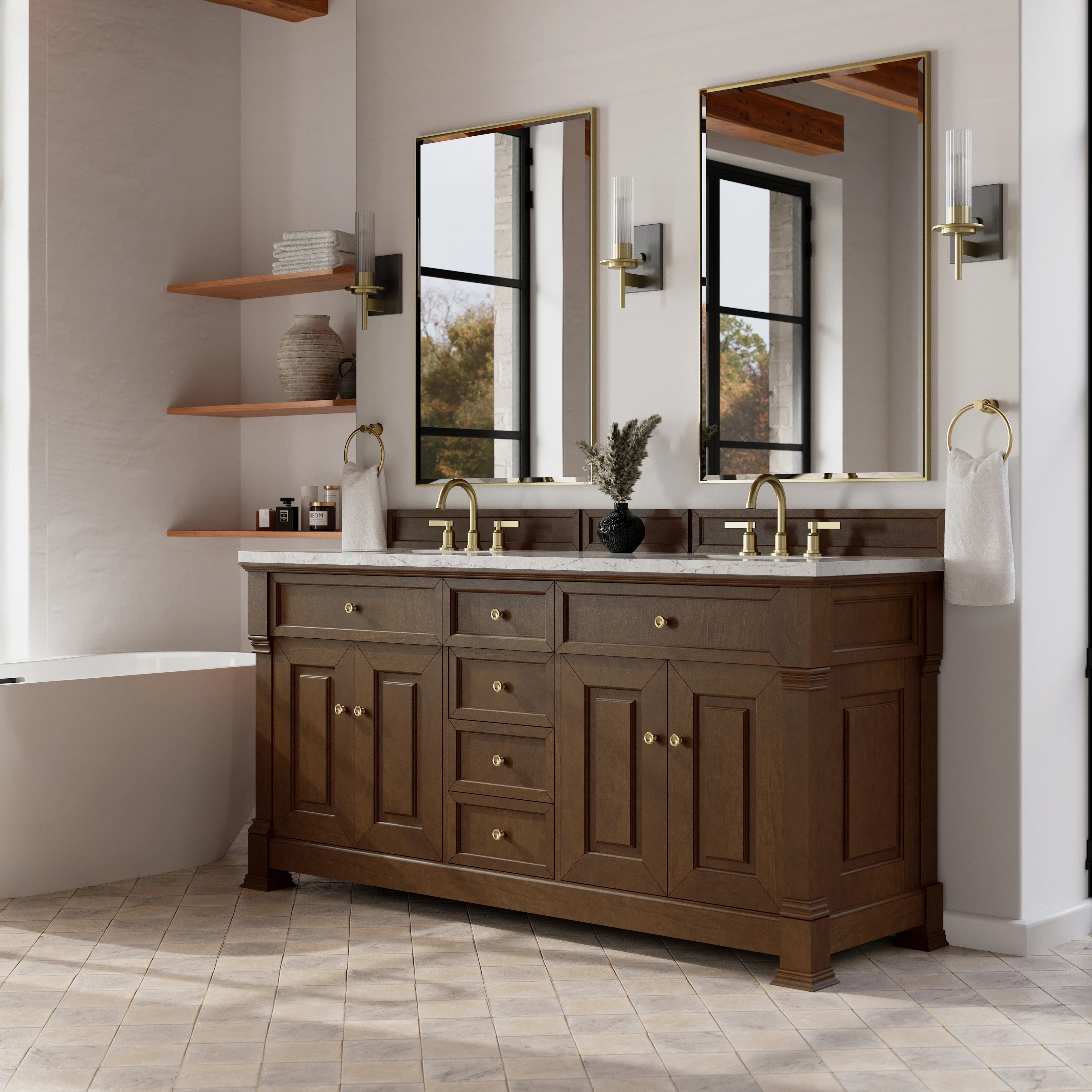 Brookfield 72" Double Vanity, Honey Oak w/ 3 CM Eternal Jasmine Pearl Silestone Top w/ FreePower Wireless Charger