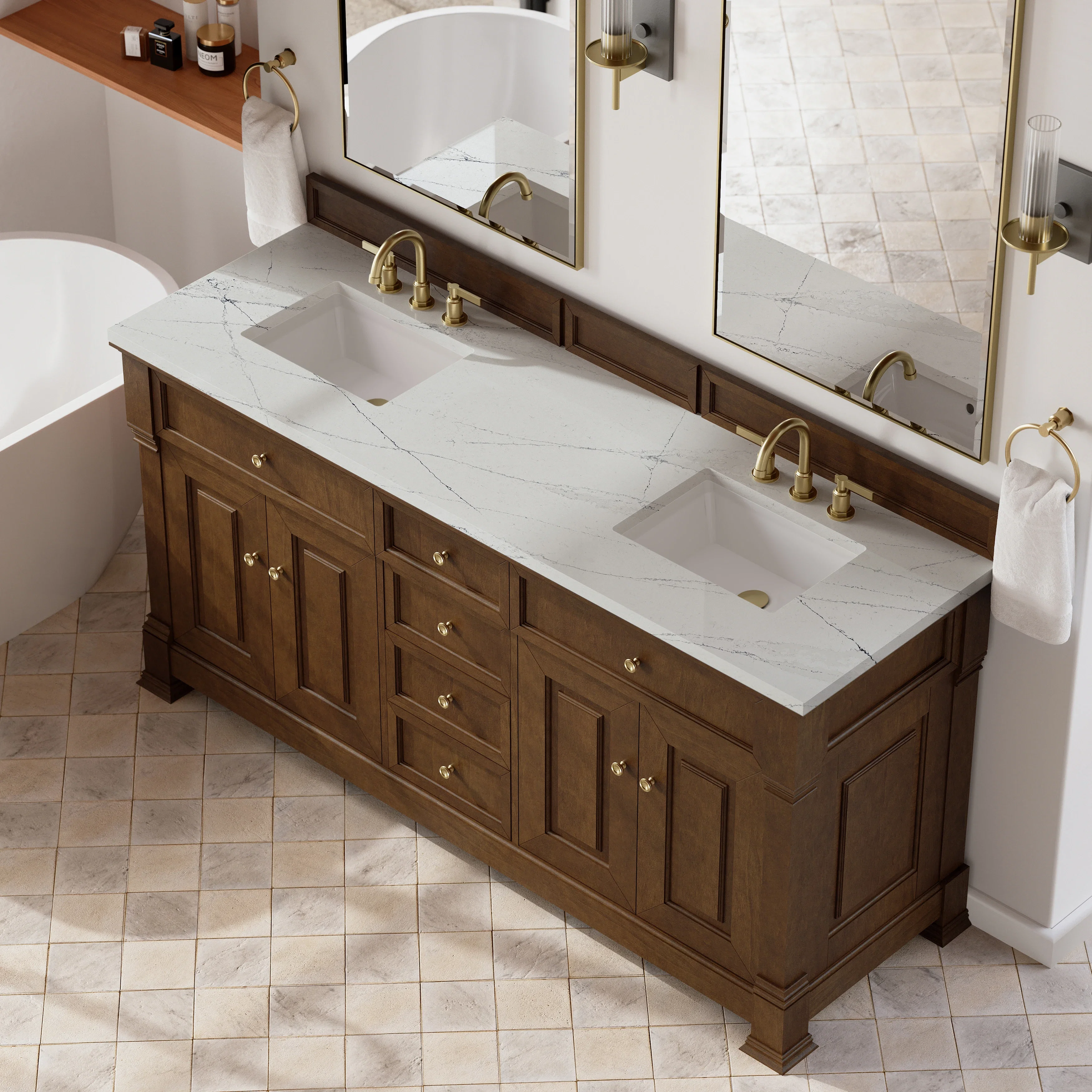 Brookfield 72" Double Vanity, Honey Oak w/ 3 CM Ethereal Noctis Silestone Top w/ FreePower Wireless Charger