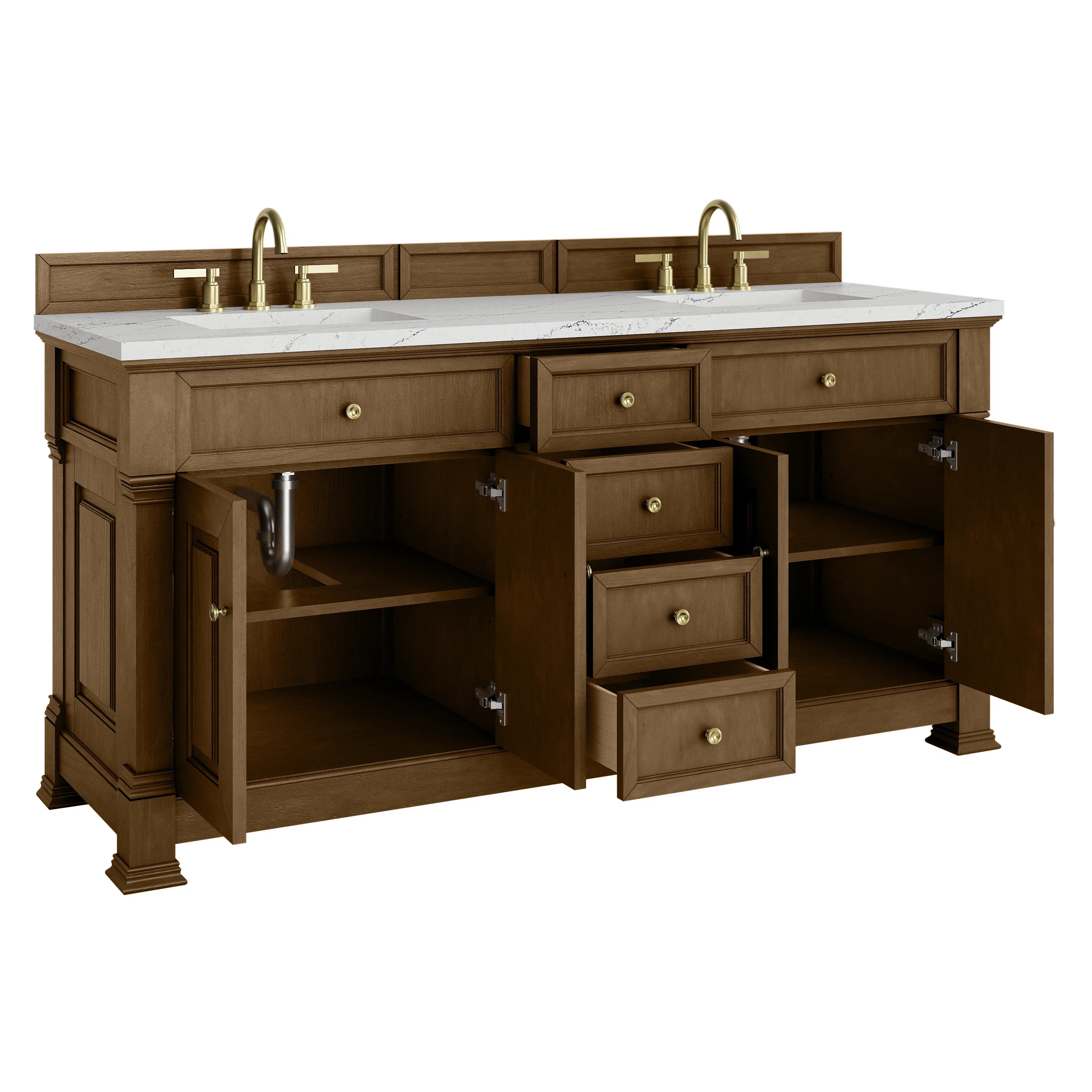 Brookfield 72" Double Vanity, Honey Oak w/ 3 CM Ethereal Noctis Silestone Top w/ FreePower Wireless Charger