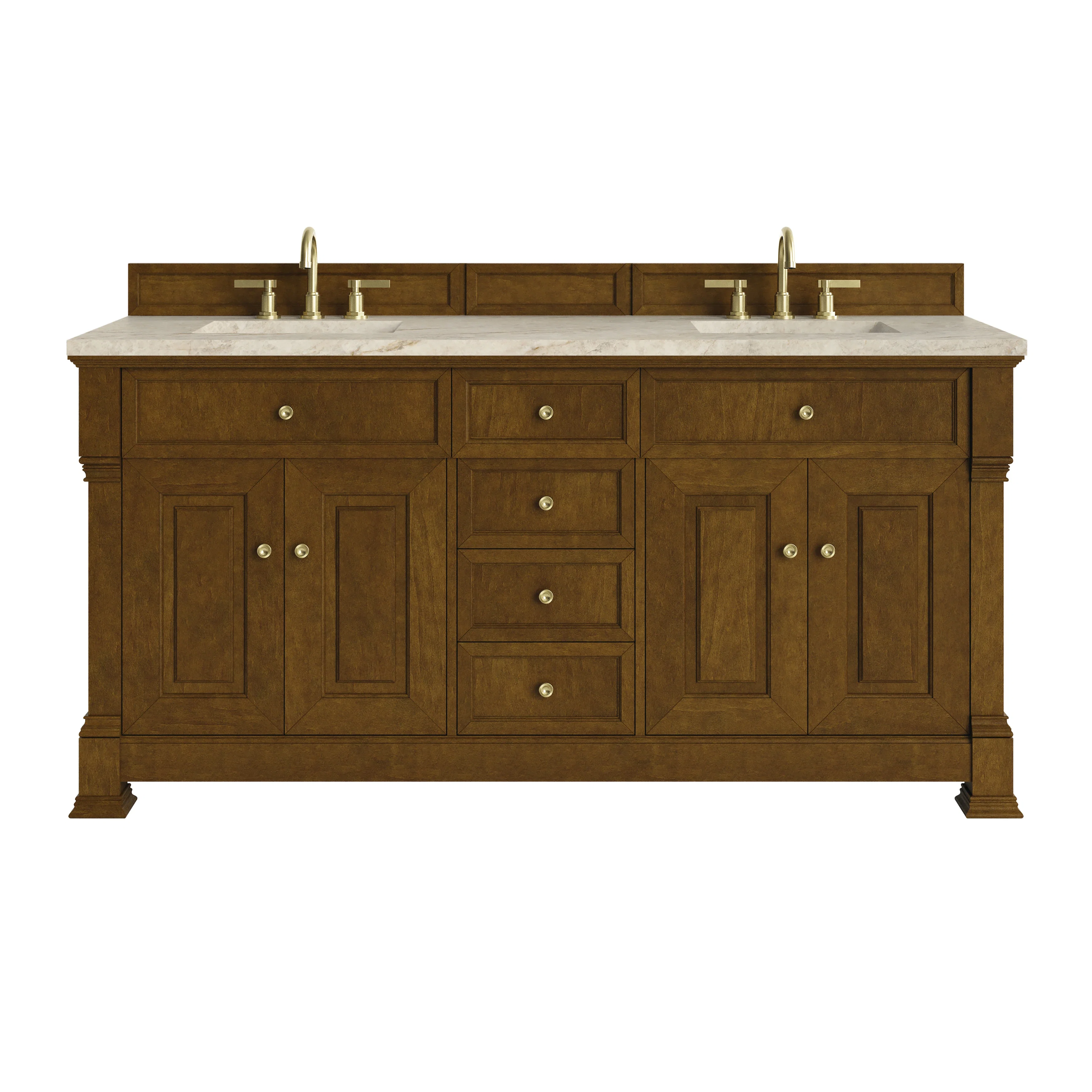 Brookfield 72" Double Vanity, Honey Oak, w/ 3 CM Tajnar Eclos Top w/FreePower Wireless Charger
