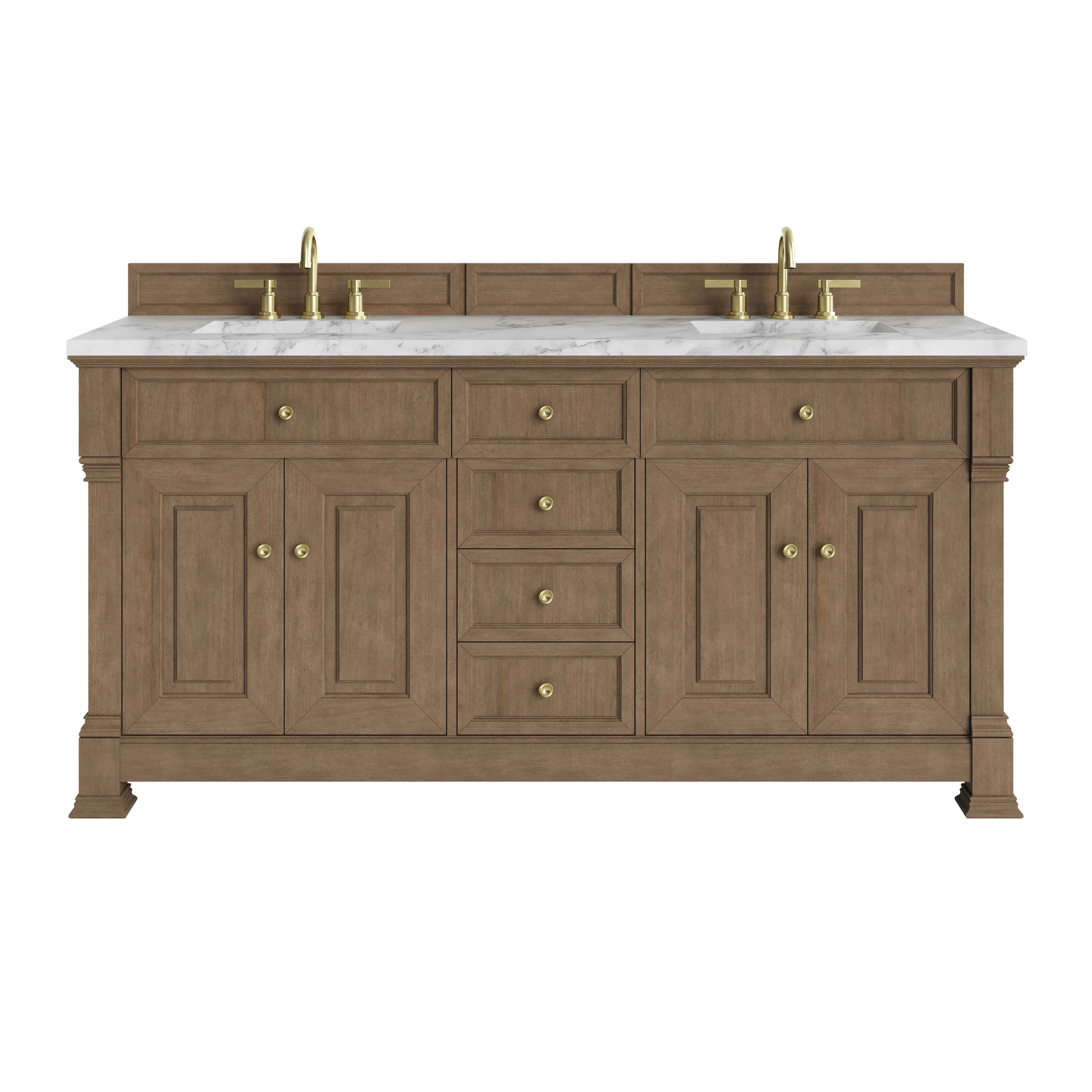 Brookfield 72" Double Vanity, Pecan w/ 3 CM Carrara White Marble Top