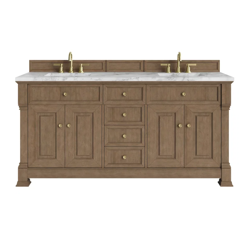 Brookfield 72" Double Vanity, Pecan w/ 3 CM Carrara White Marble Top
