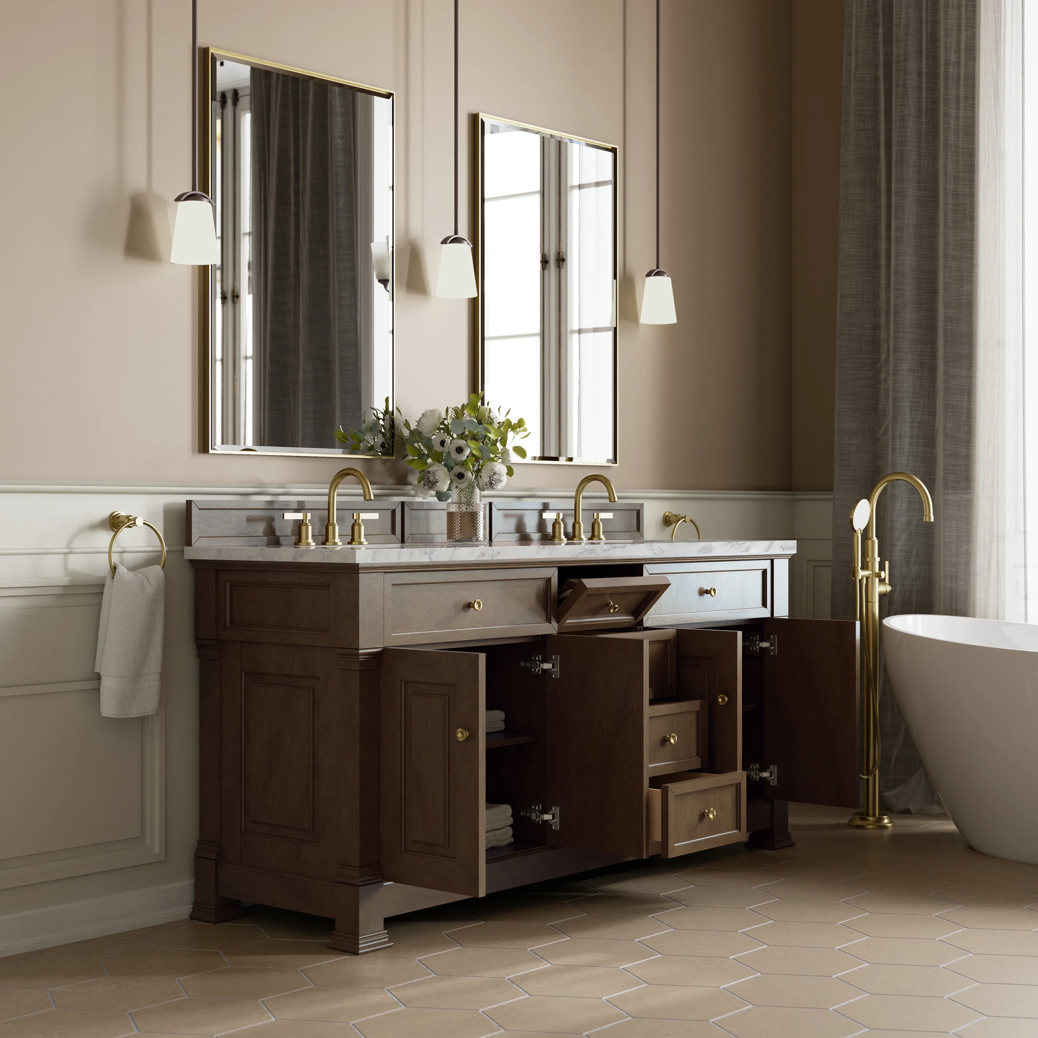 Brookfield 72" Double Vanity, Pecan w/ 3 CM Carrara White Marble Top