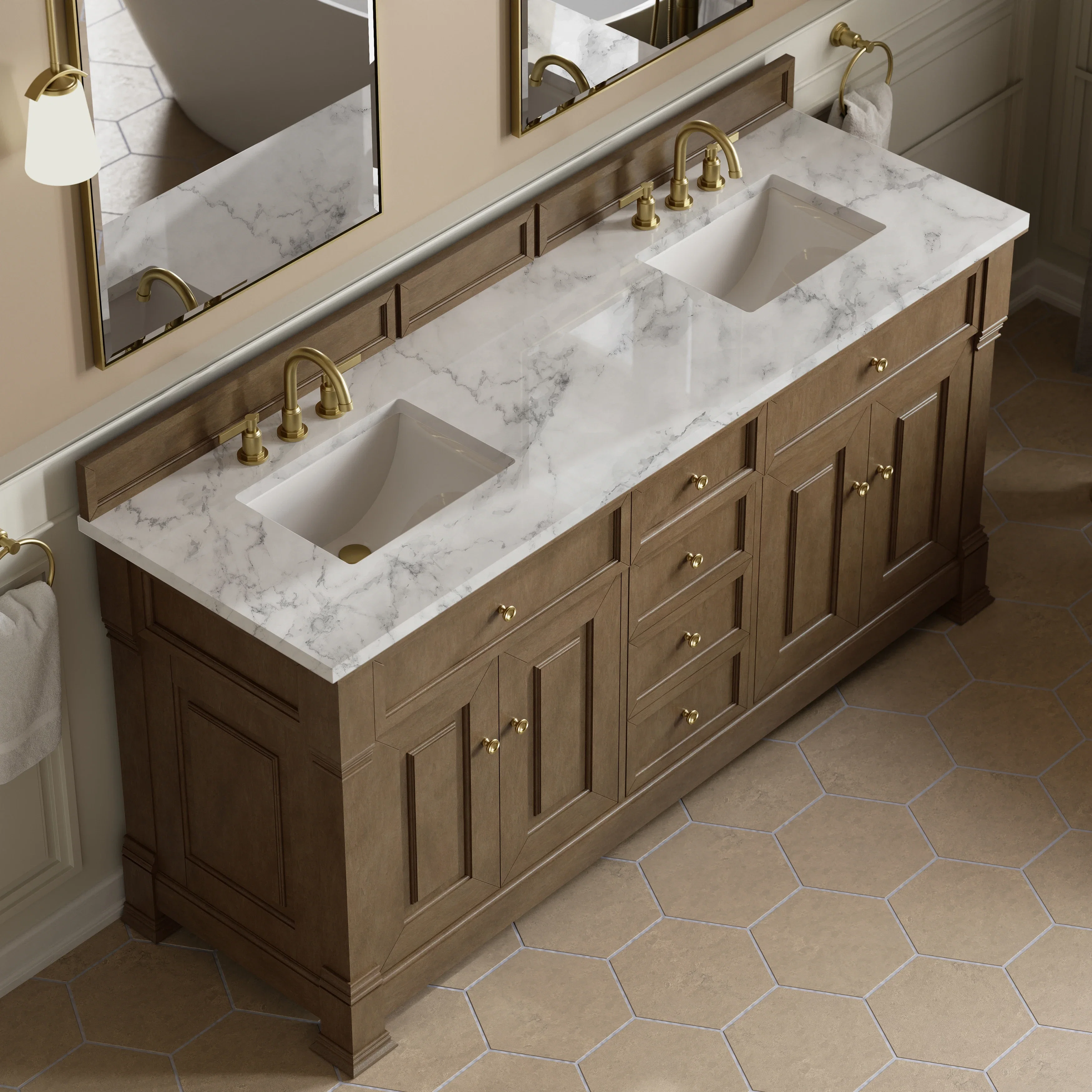 Brookfield 72" Double Vanity, Pecan w/ 3 CM Carrara White Marble Top